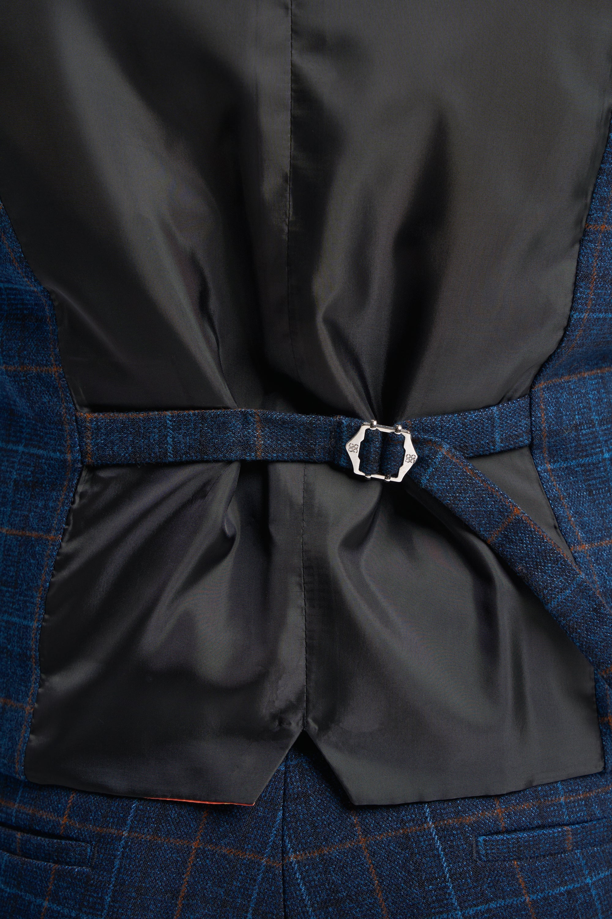 Men's Windowpane Check Tweed Blue Suit - CODY - Navy Blue Waistcoat Back Detail Picture