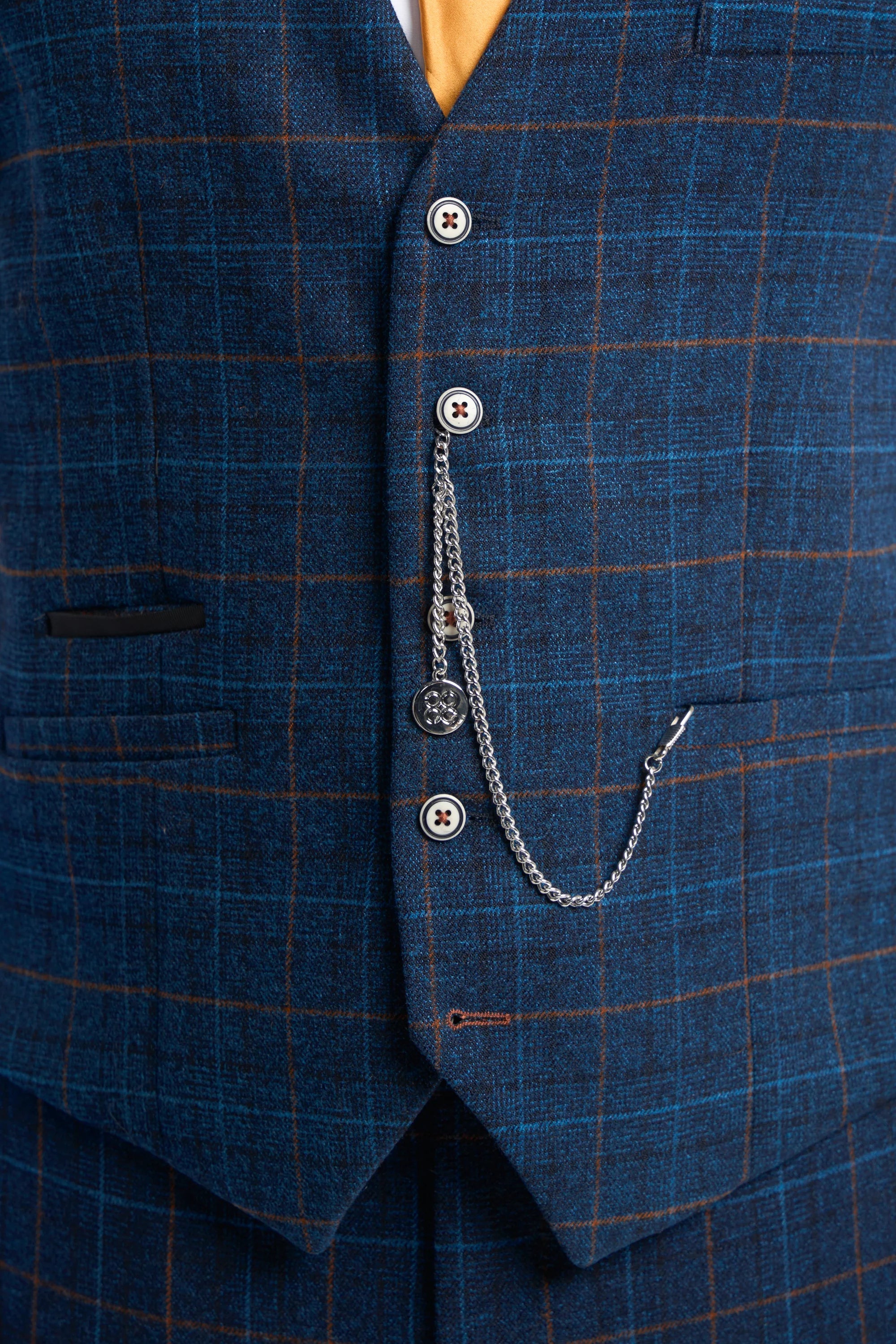 Men's Windowpane Check Tweed Blue Suit - CODY - Navy Blue Waistcoat Detail Picture