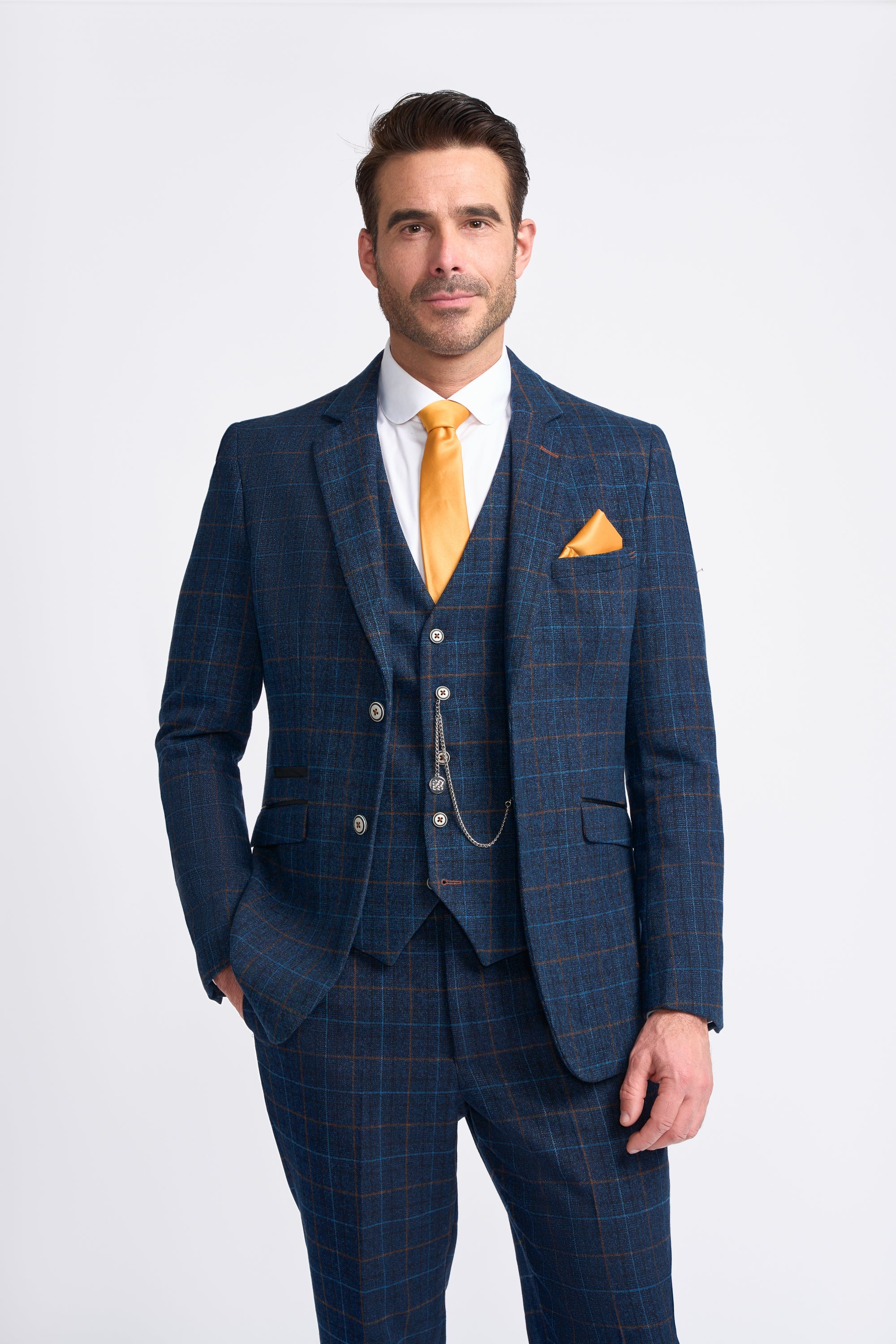 Men's Windowpane Check Tweed Blue Suit - CODY - Navy Blue Model Picture