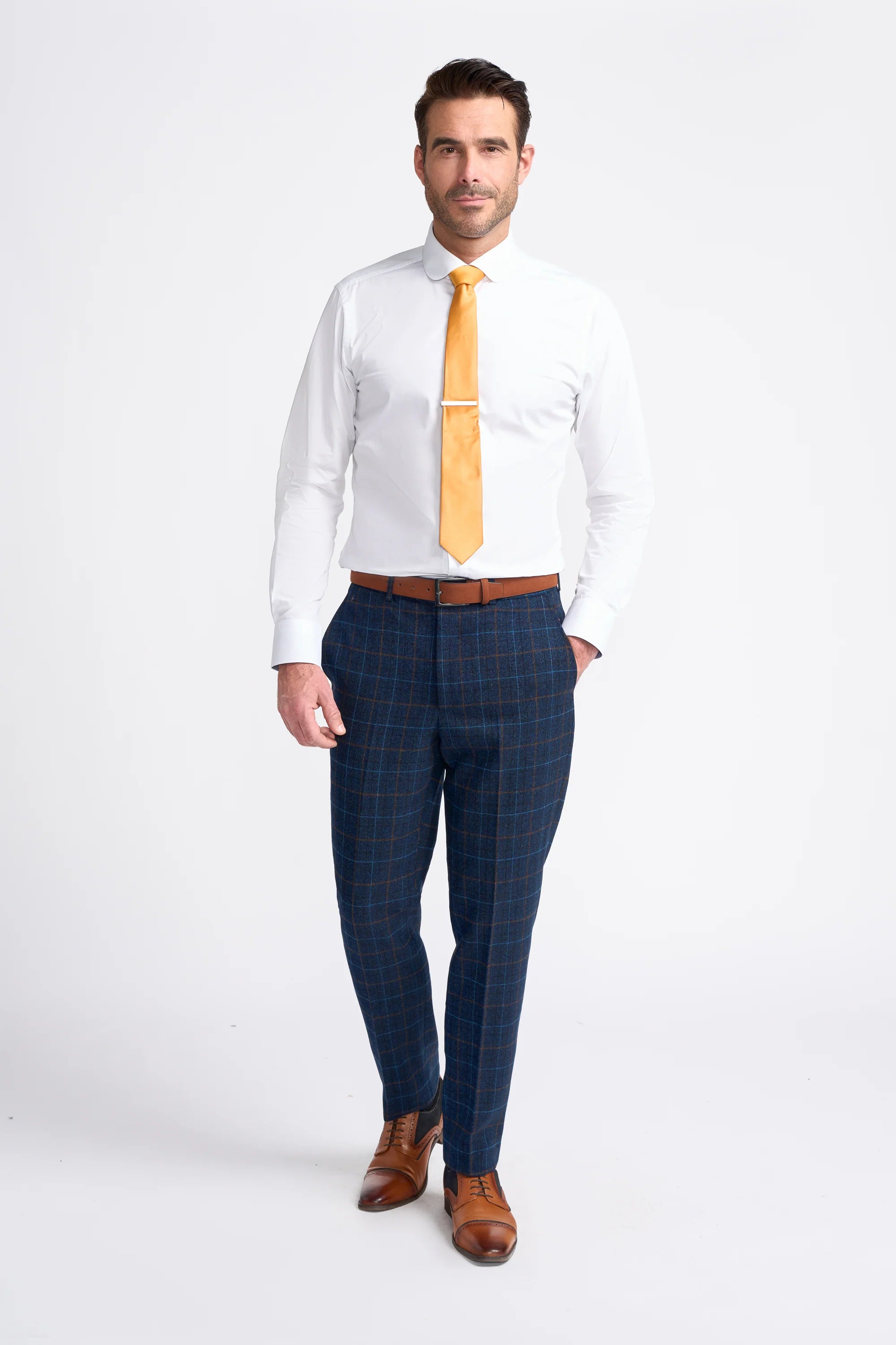 Men's Windowpane Check Tweed Blue Suit - CODY - Navy Blue Model Trousers Picture