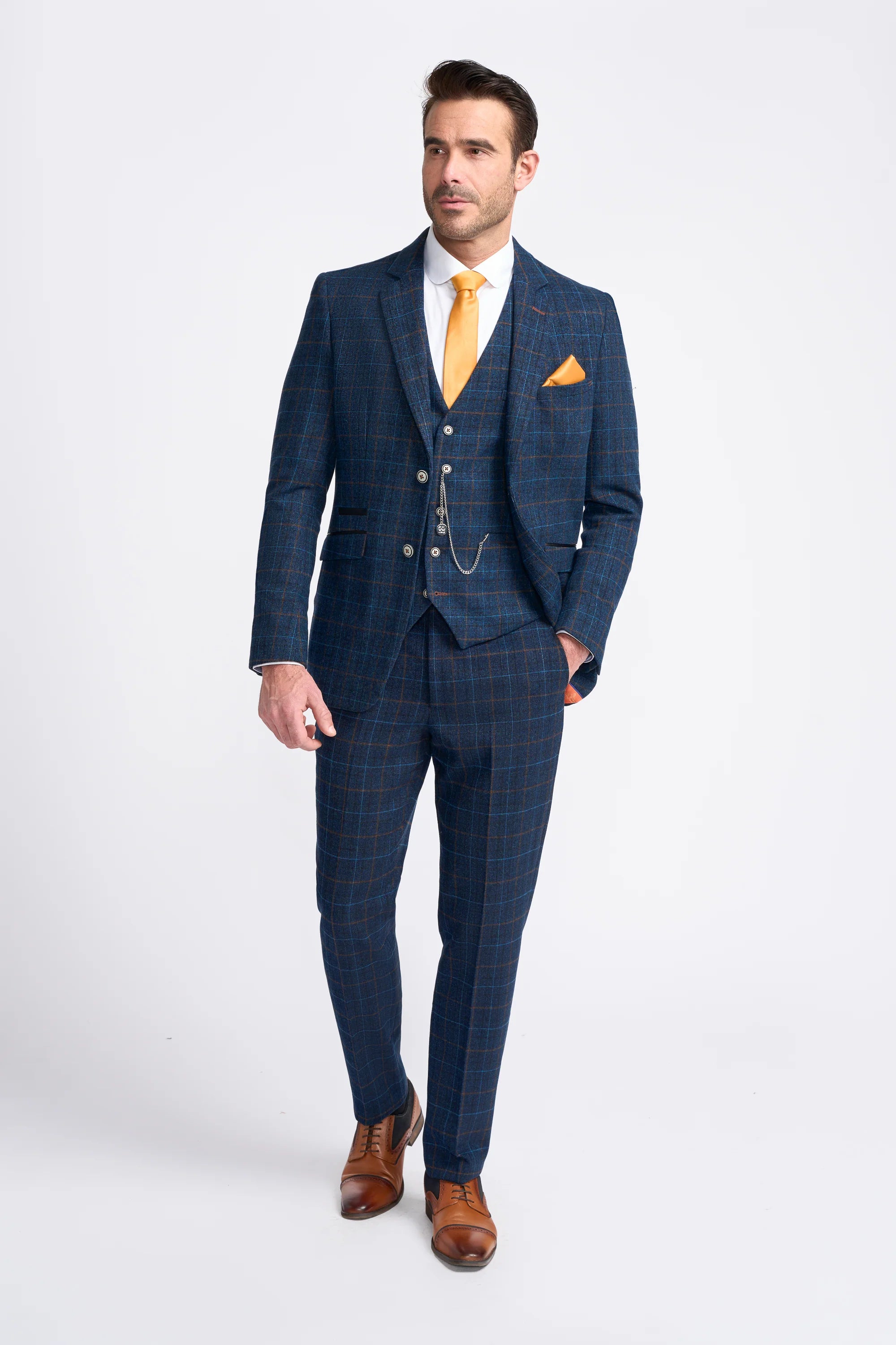 Men's Windowpane Check Tweed Blue Suit - CODY - Navy Blue Model Front Picture