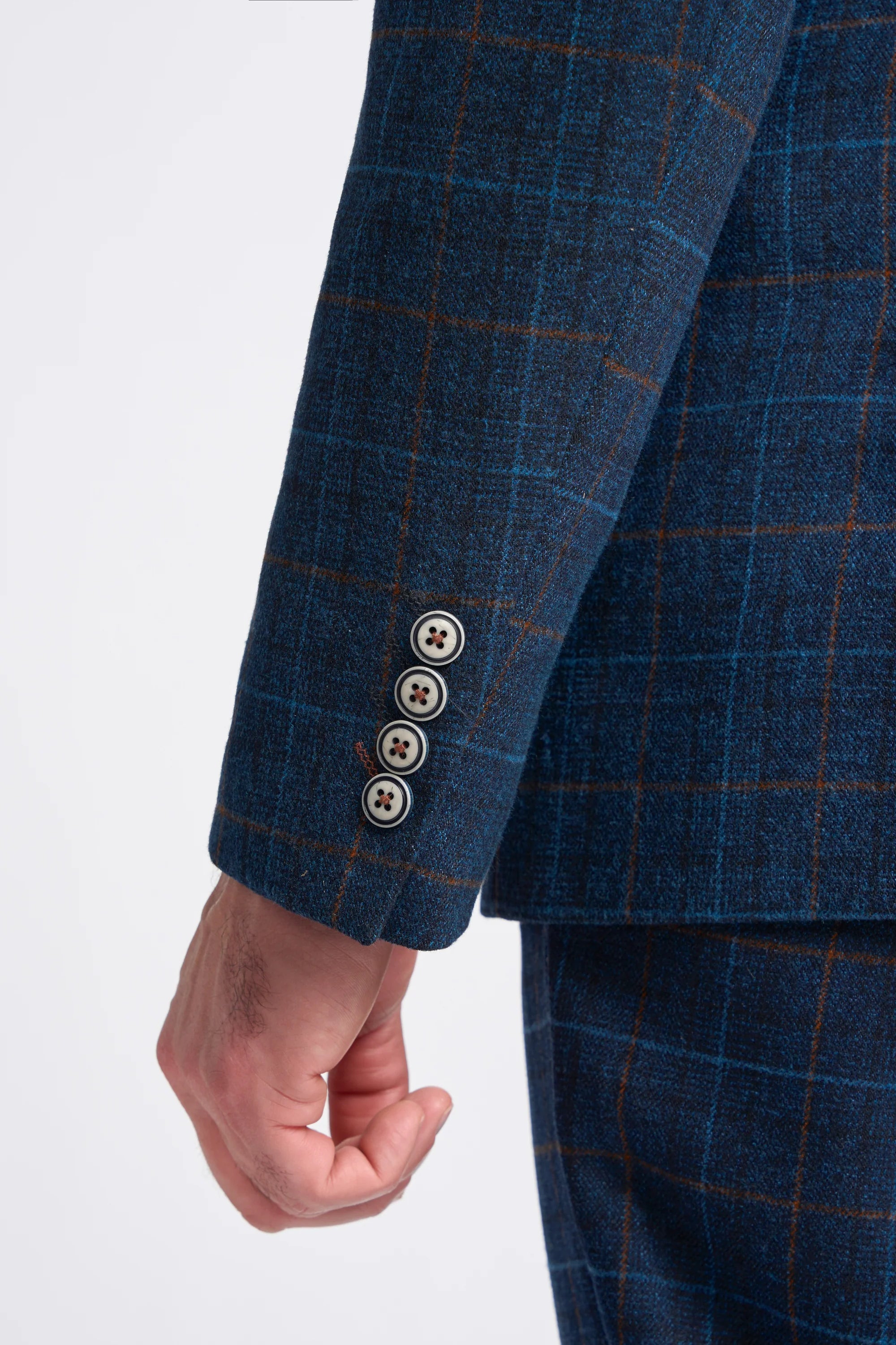 Men's Windowpane Check Tweed Blue Suit - CODY - Navy Blue Blazer Detail Picture