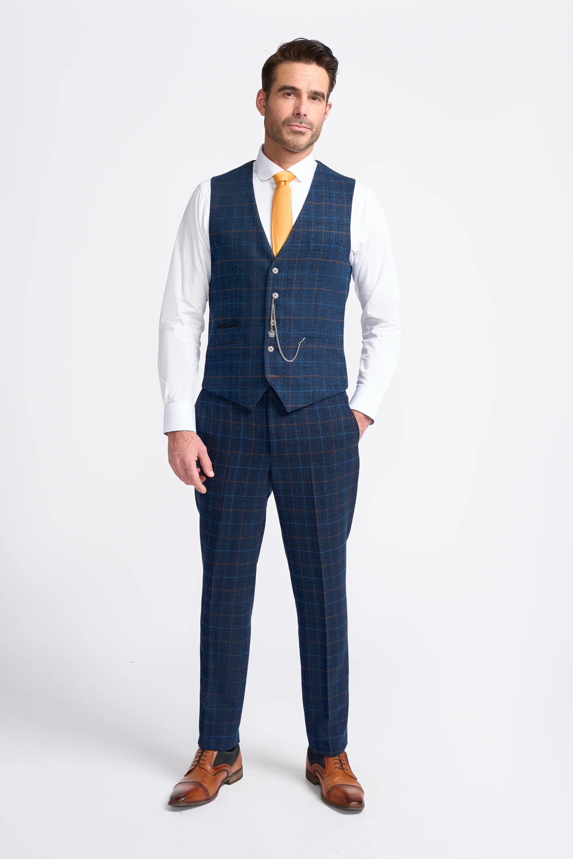 Men's Windowpane Check Tweed Blue Suit - CODY - Navy BlueModel Waistcoat Picture