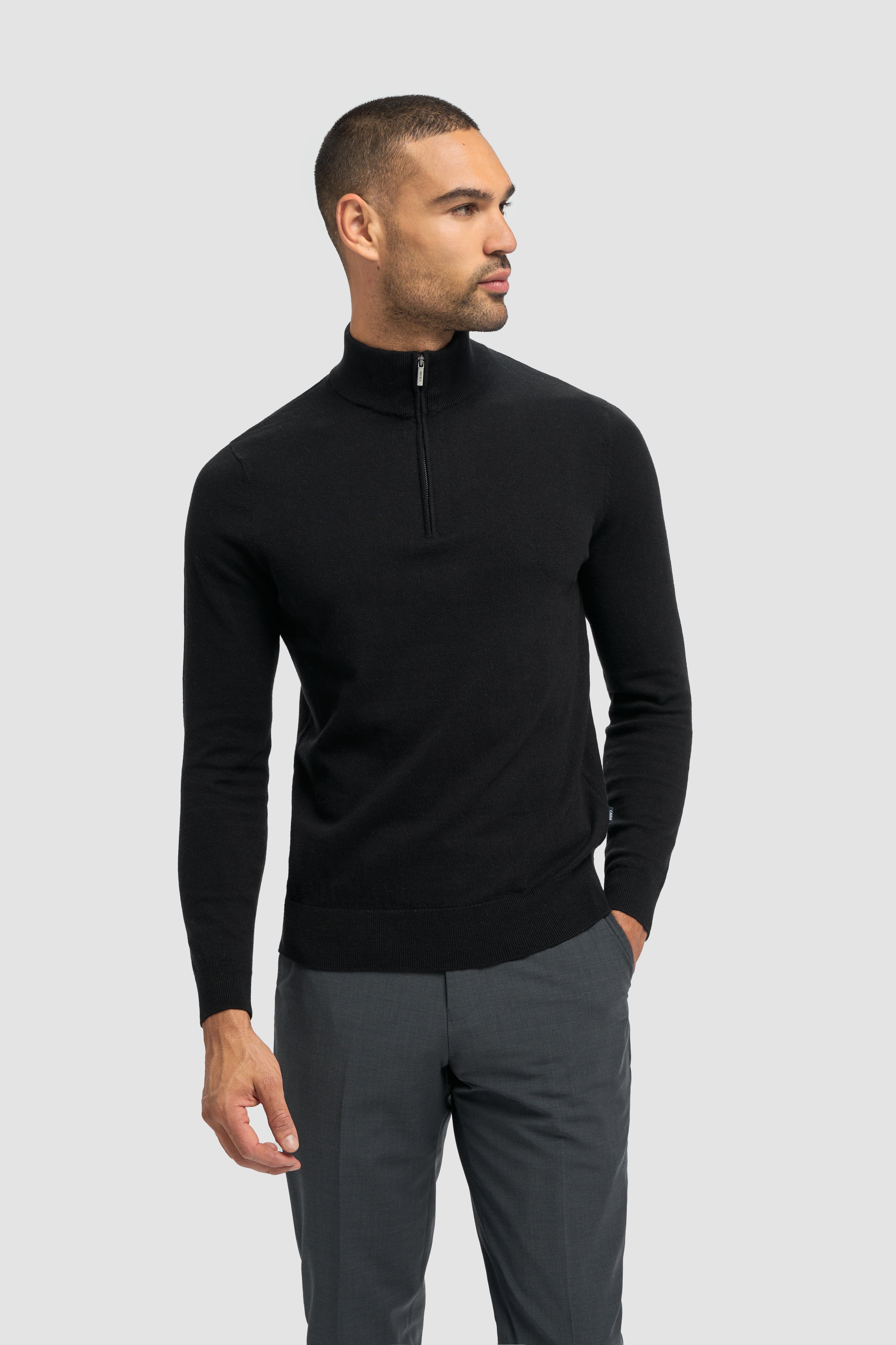 Men’s Wool-Cotton Blend Funnel Neck Knit Jumper - Ivano - Black Model Picture