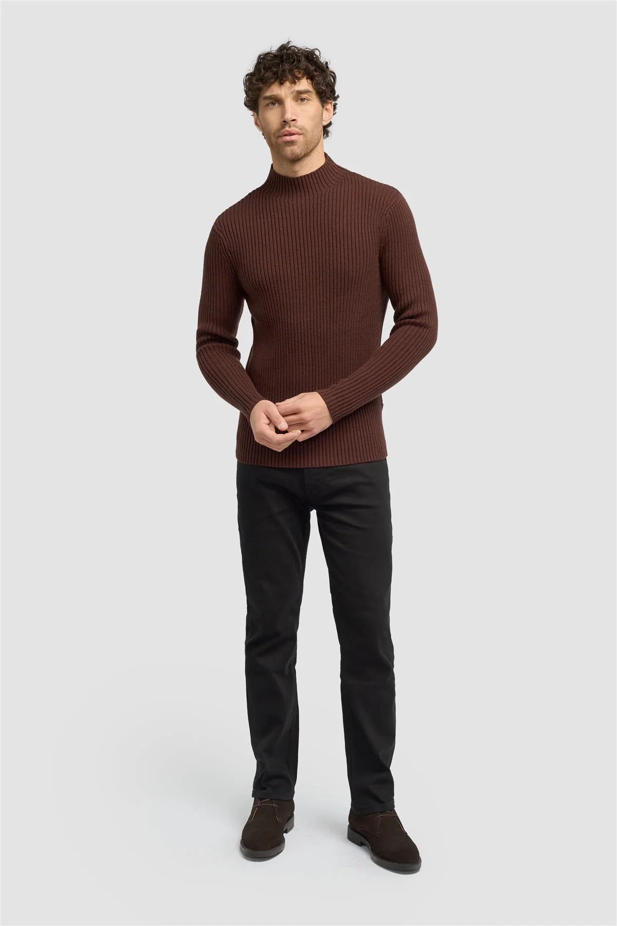 Men’s Wool-Cotton Blend Rib Knit Jumper - FOSCO - Brown Model Front Picture