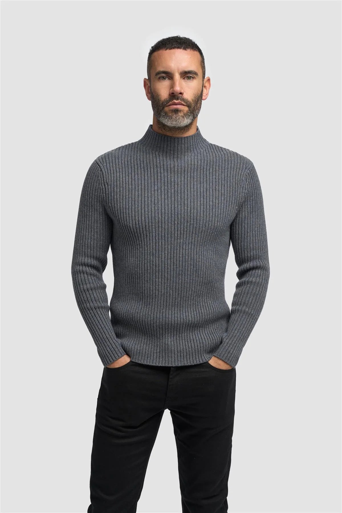 Men’s Wool-Cotton Blend Rib Knit Jumper - FOSCO - Grey Model Picture
