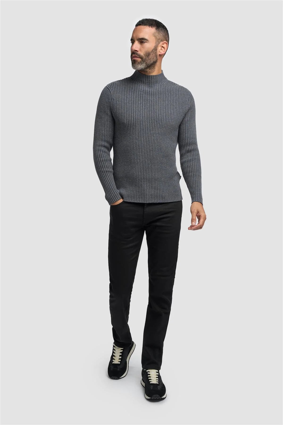 Men’s Wool-Cotton Blend Rib Knit Jumper - FOSCO - Grey Front Picture