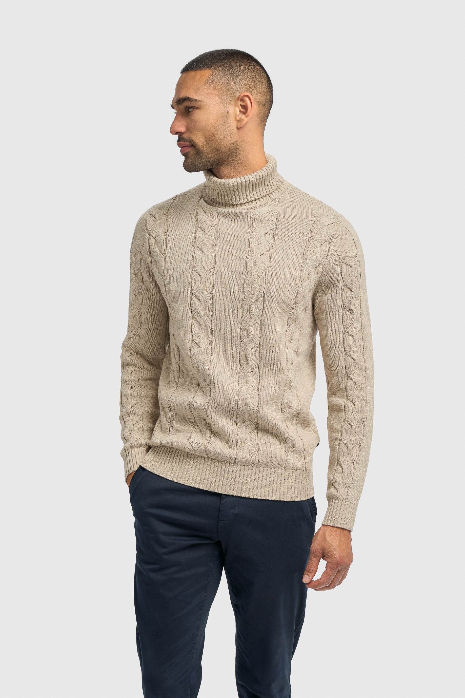 Men’s Wool-Cotton Cable Knit Roll Neck Jumper - Archie - Fawn Front Picture