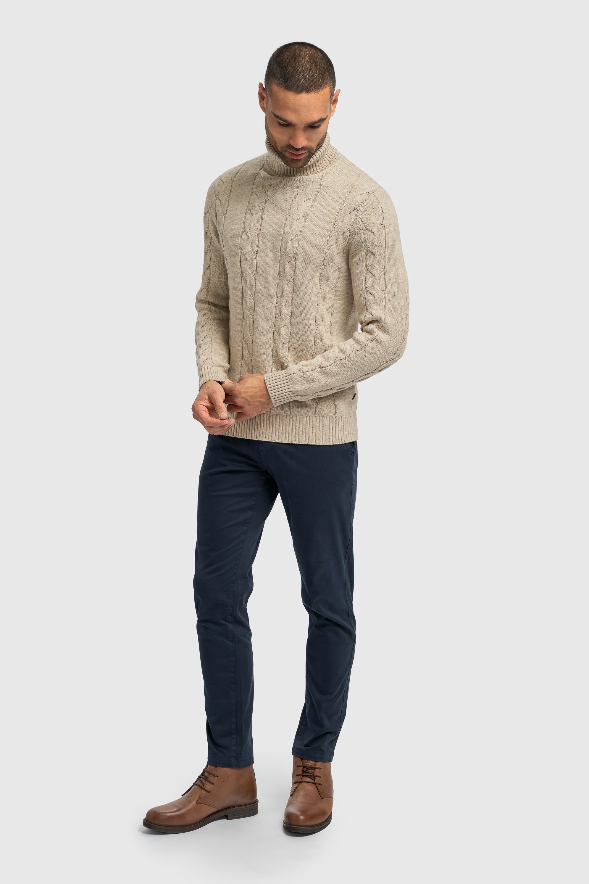 Men’s Wool-Cotton Cable Knit Roll Neck Jumper - Archie - Fawn Model Picture