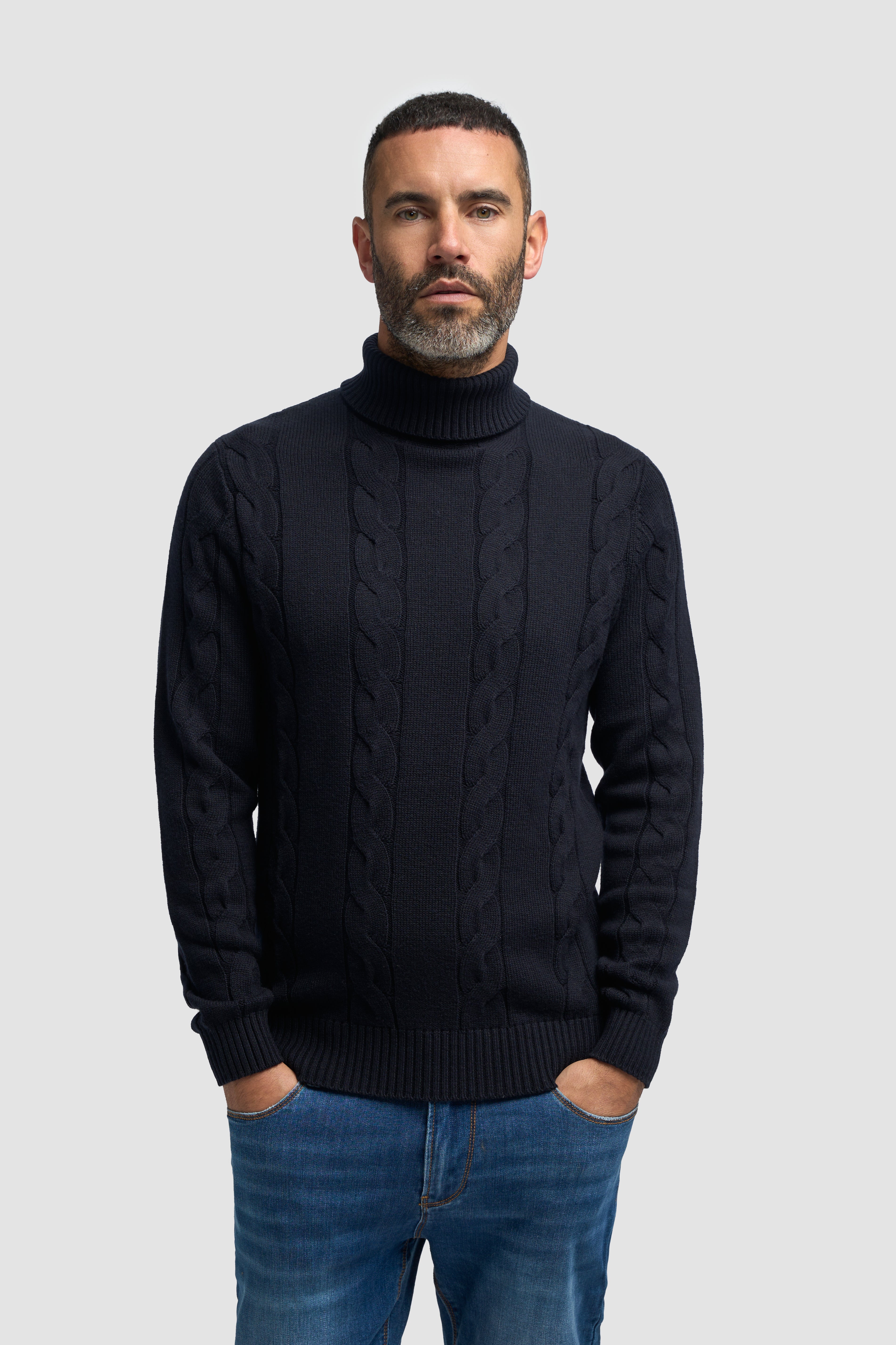 Men’s Wool-Cotton Cable Knit Roll Neck Jumper - Archie - Navy Model Picture