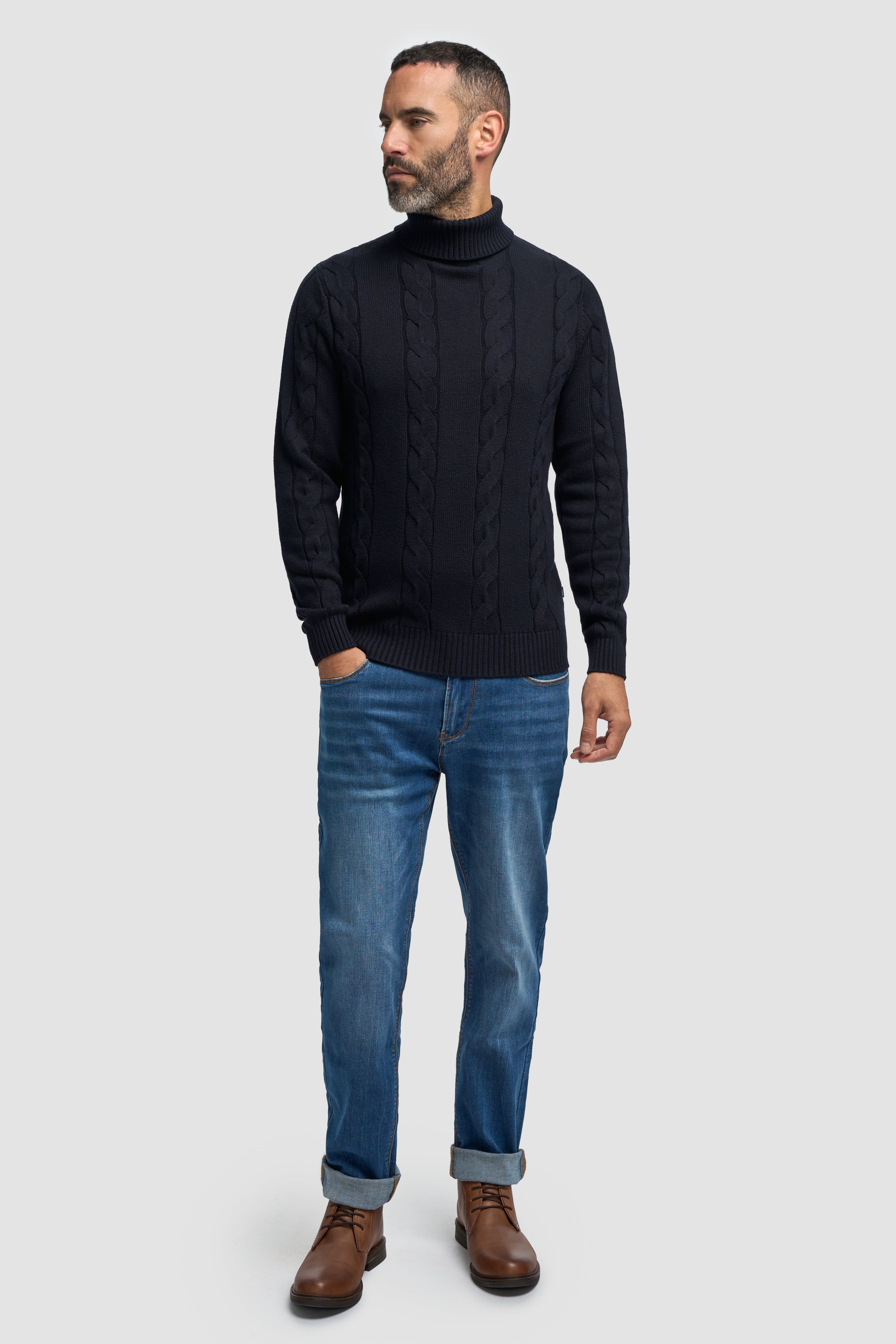 Men’s Wool-Cotton Cable Knit Roll Neck Jumper - Archie - Navy Front Picture
