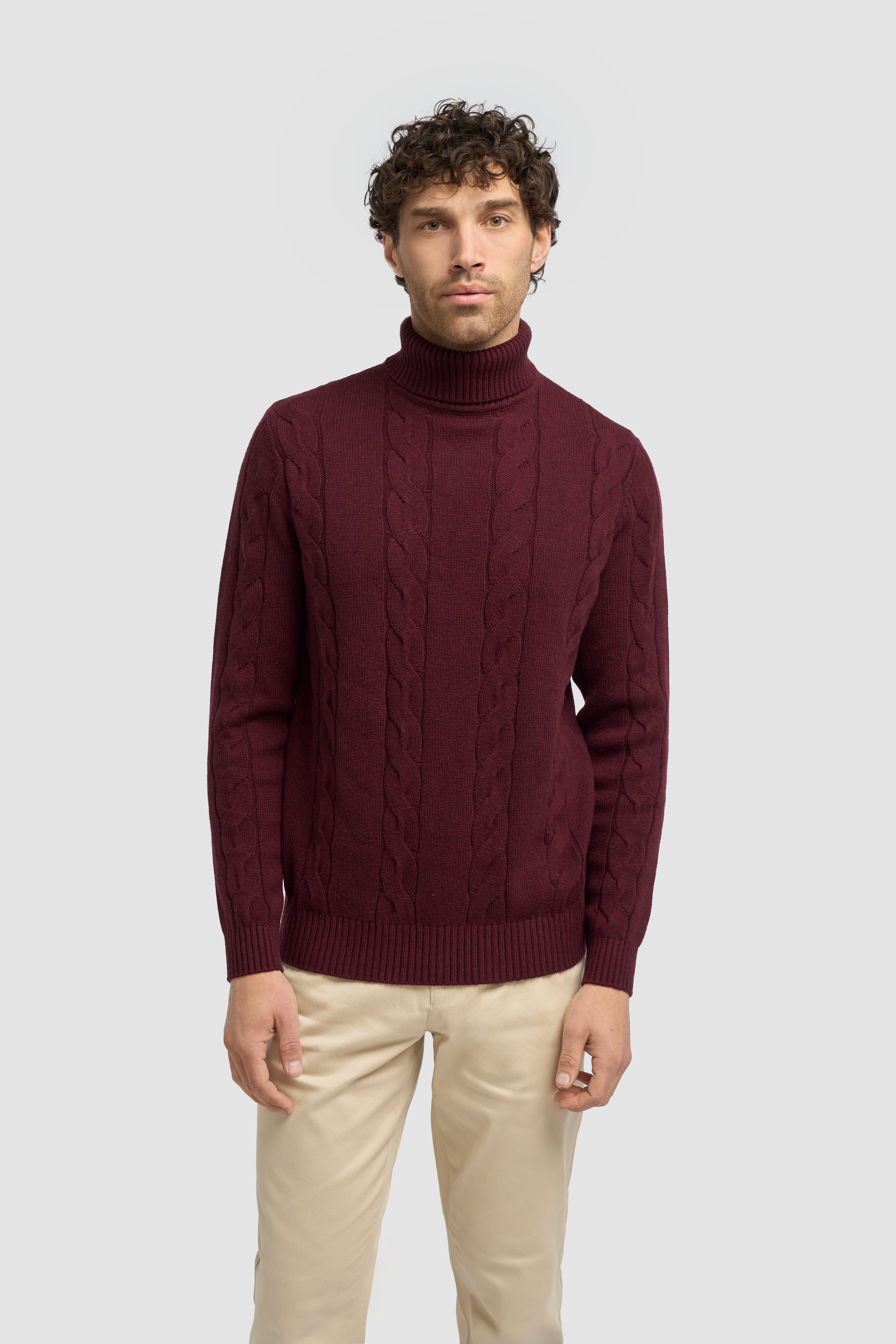 Men’s Wool-Cotton Cable Knit Roll Neck Jumper - Archie - Wine Model Picture