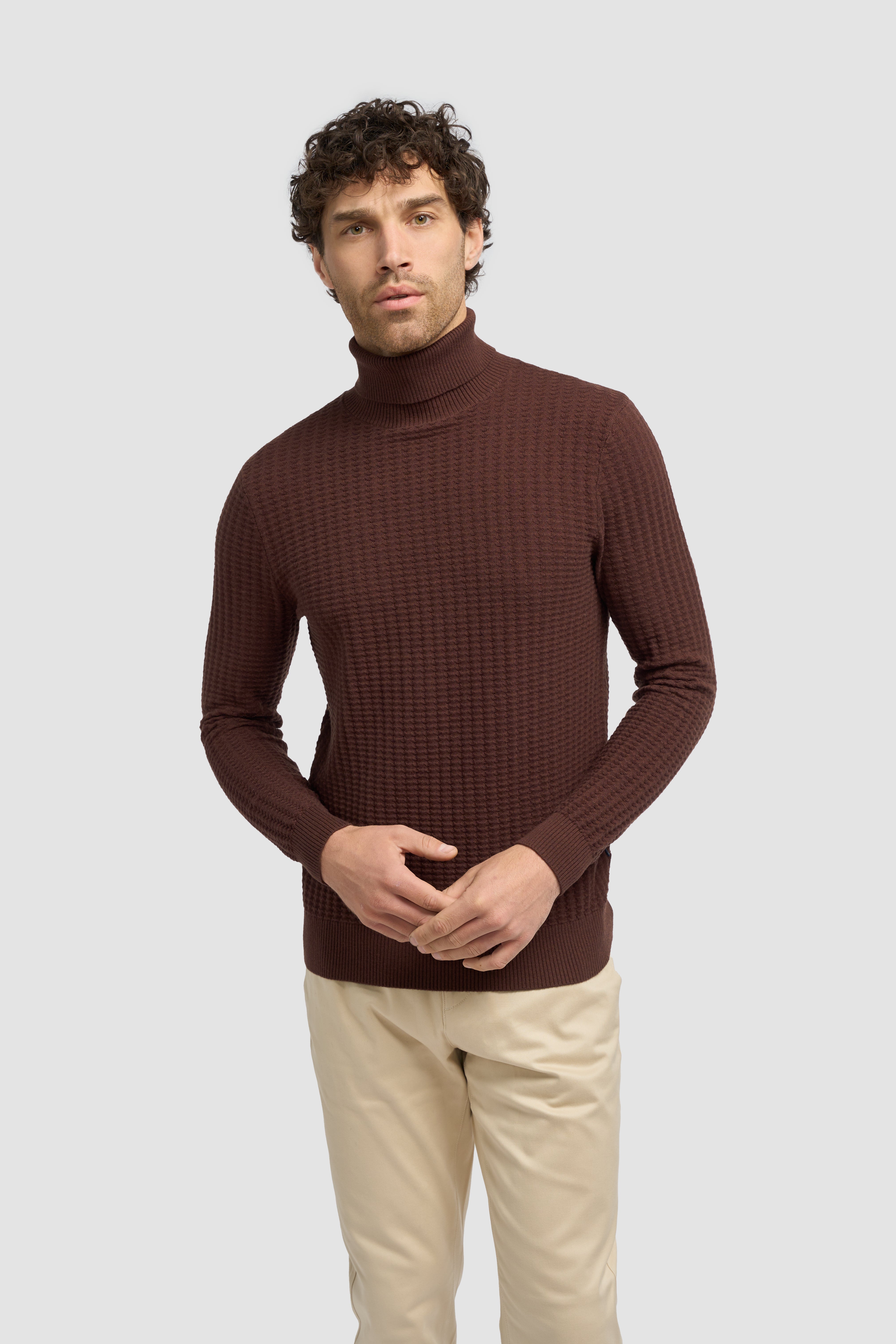 Men’s Wool-Cotton Waffle Knit Roll Neck Jumper - Argas - Brown Modle Picture