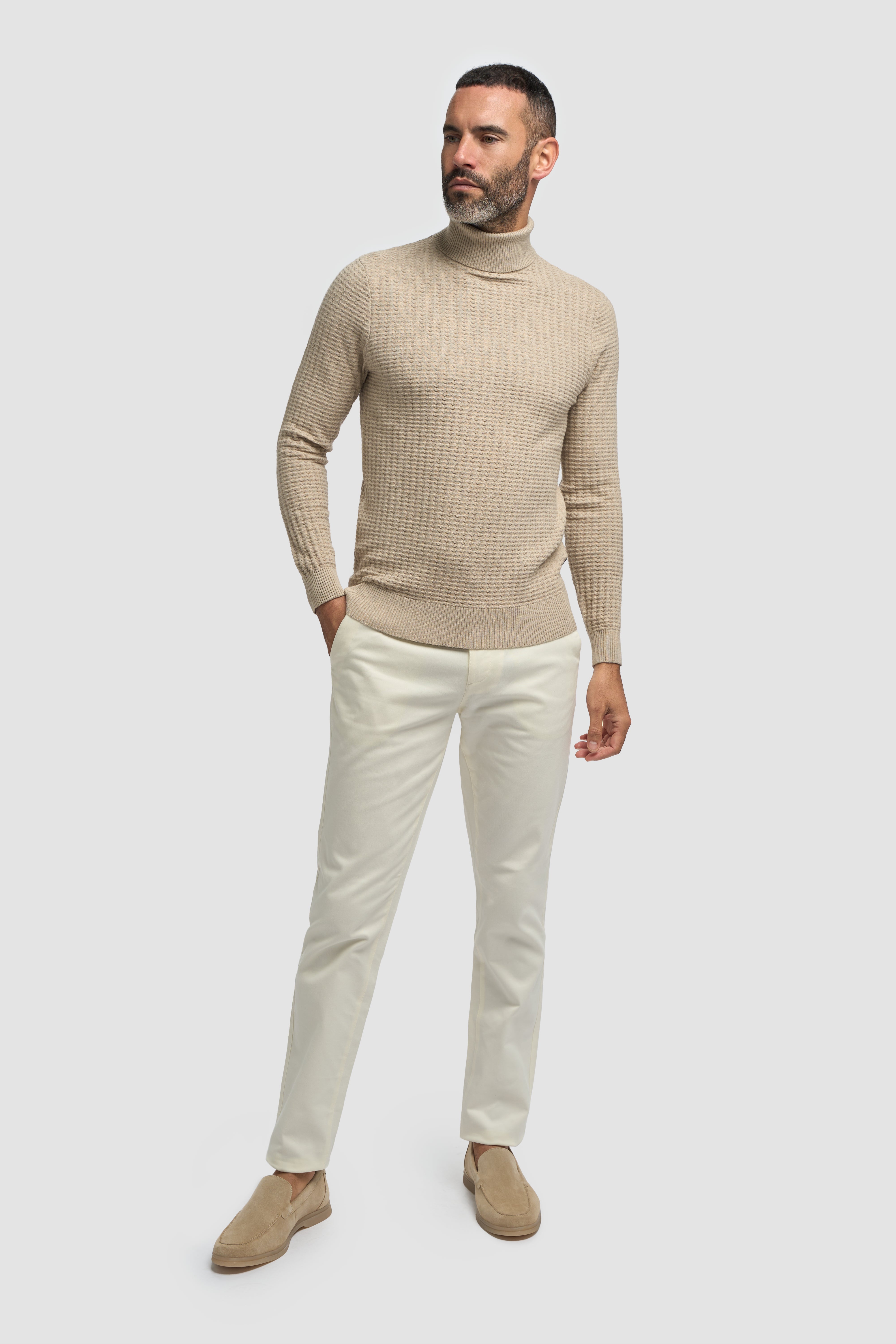 Men’s Wool-Cotton Waffle Knit Roll Neck Jumper - Argas - Fawn Front Picture