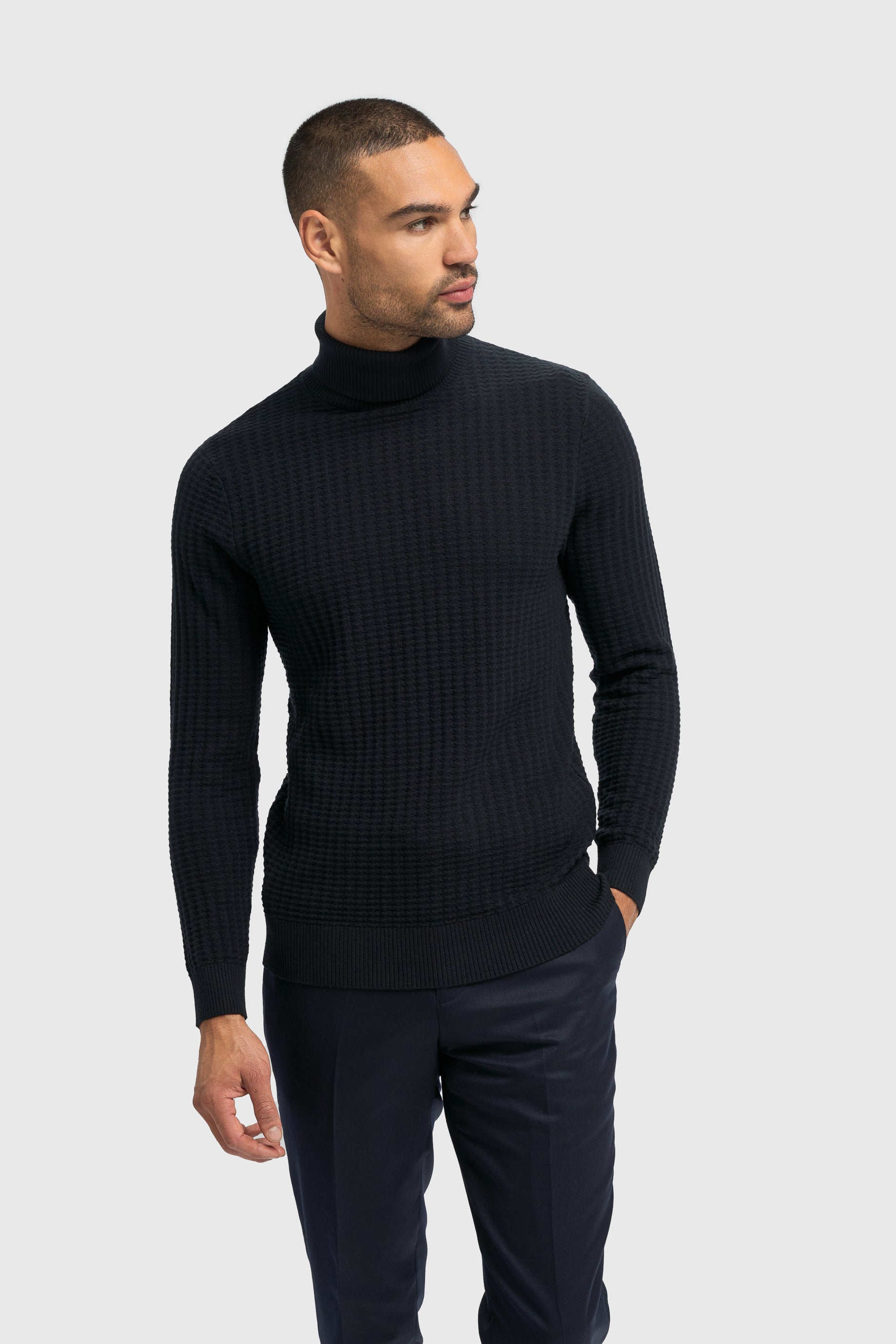 Men’s Wool-Cotton Waffle Knit Roll Neck Jumper - Argas - Navy Modle Picture