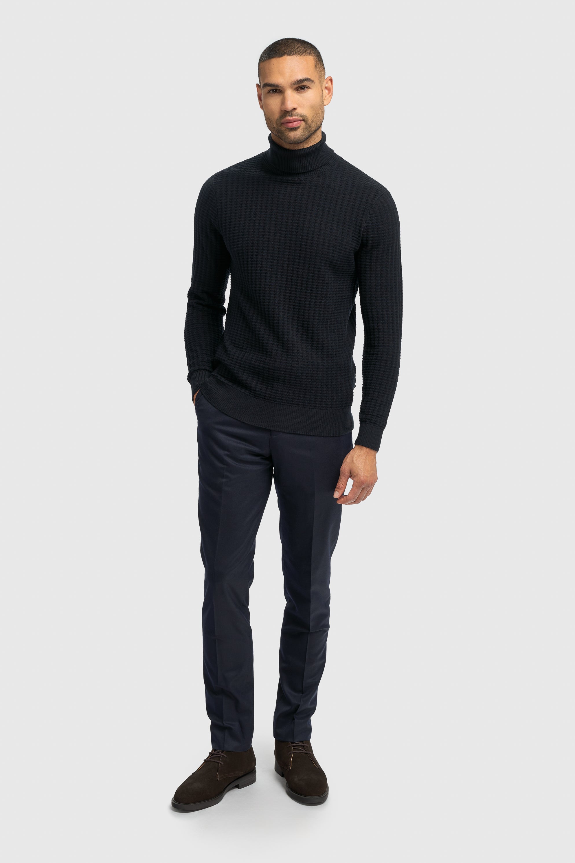 Men’s Wool-Cotton Waffle Knit Roll Neck Jumper - Argas - Navy Model Front Picture