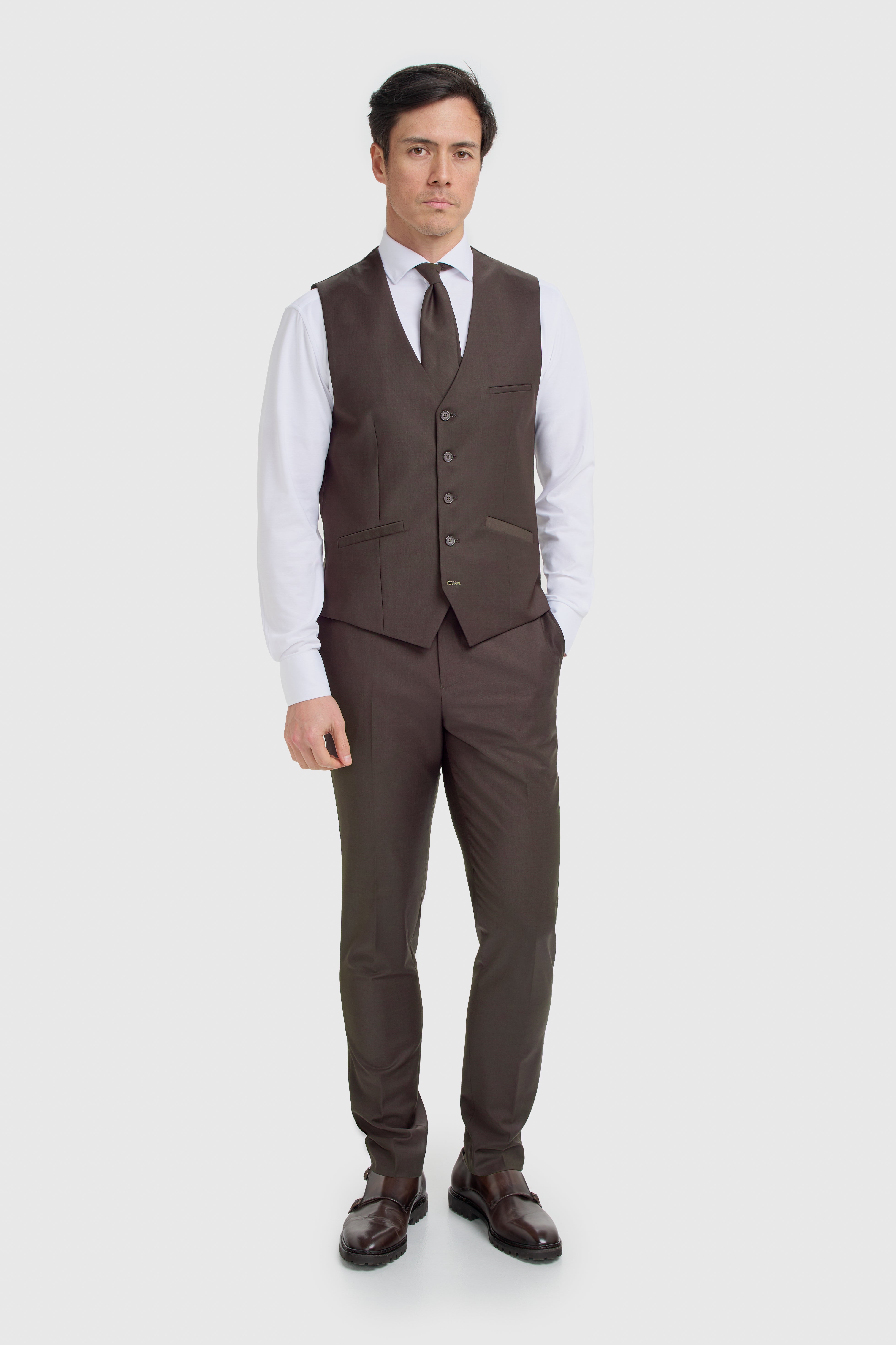 Traje formal ajustado de lana para hombre de 3 piezas - Bond - Castaño rojizo