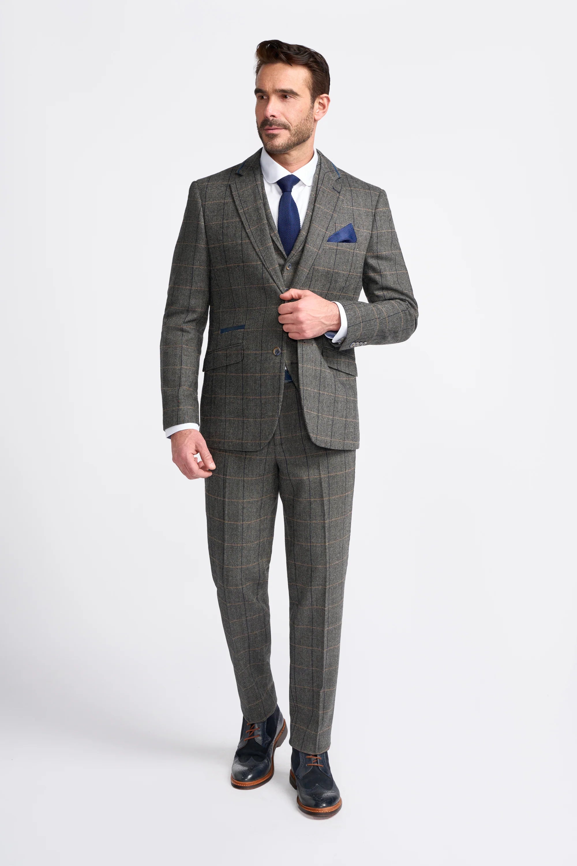 Men's Wool Blend Herringbone Check Suit - Albert - Grey Model Front Picture