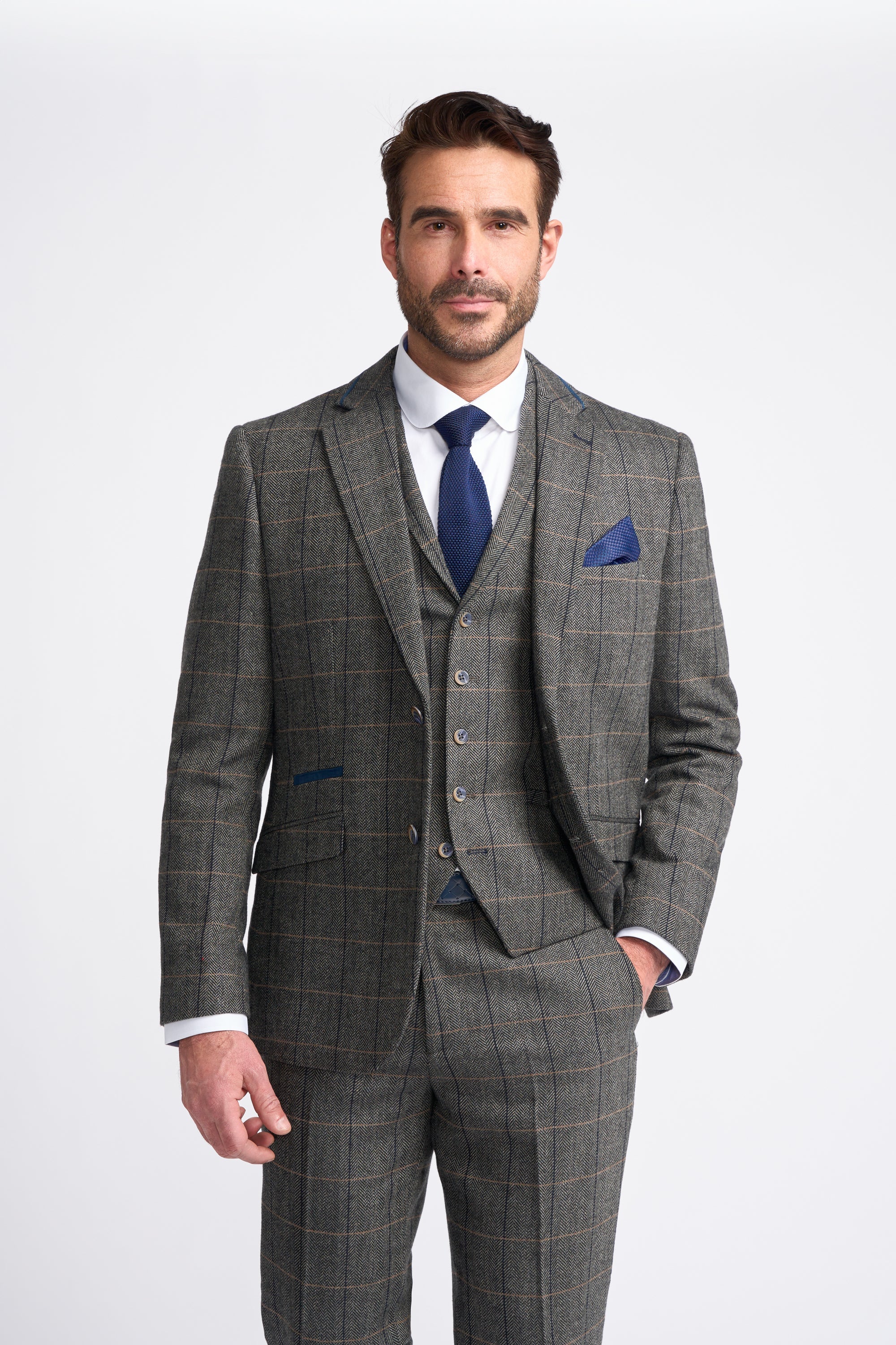 Men's Wool Blend Herringbone Check Suit - Albert - Grey Model Picture