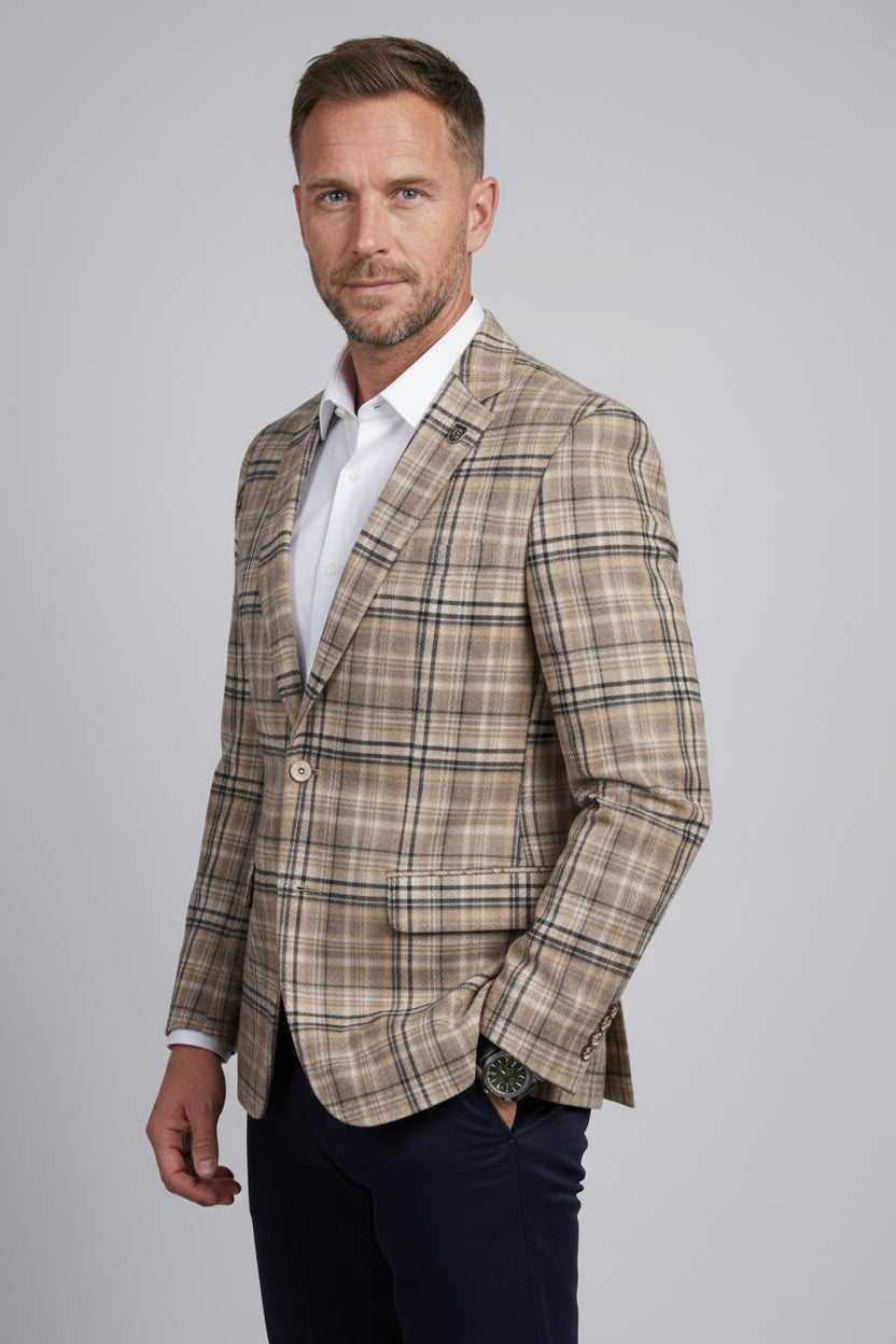 Men’s Wool Blend Plaid Check Blazer - George - Tan Side Picture