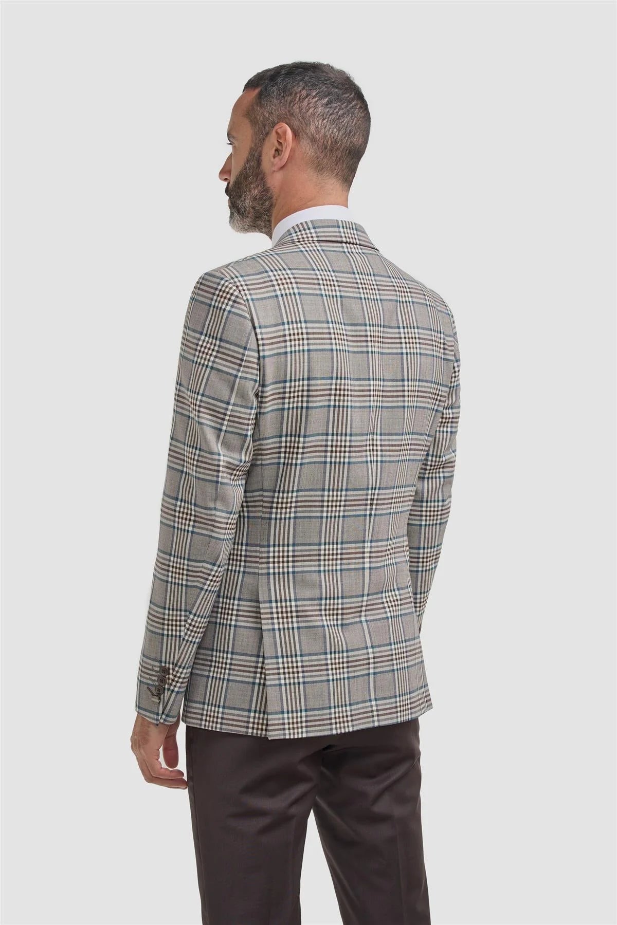 Erkek Yün Karışımlı Ekose Desenli Blazer - Pietro - Bej