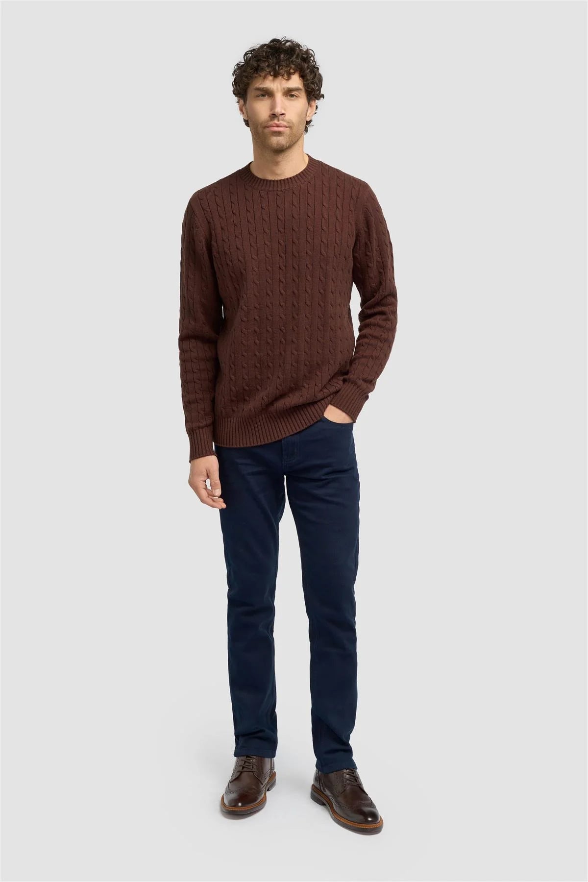 Men’s Wool Cable Knit Pullover Jumper - Foston - Brown Modle Front Picture