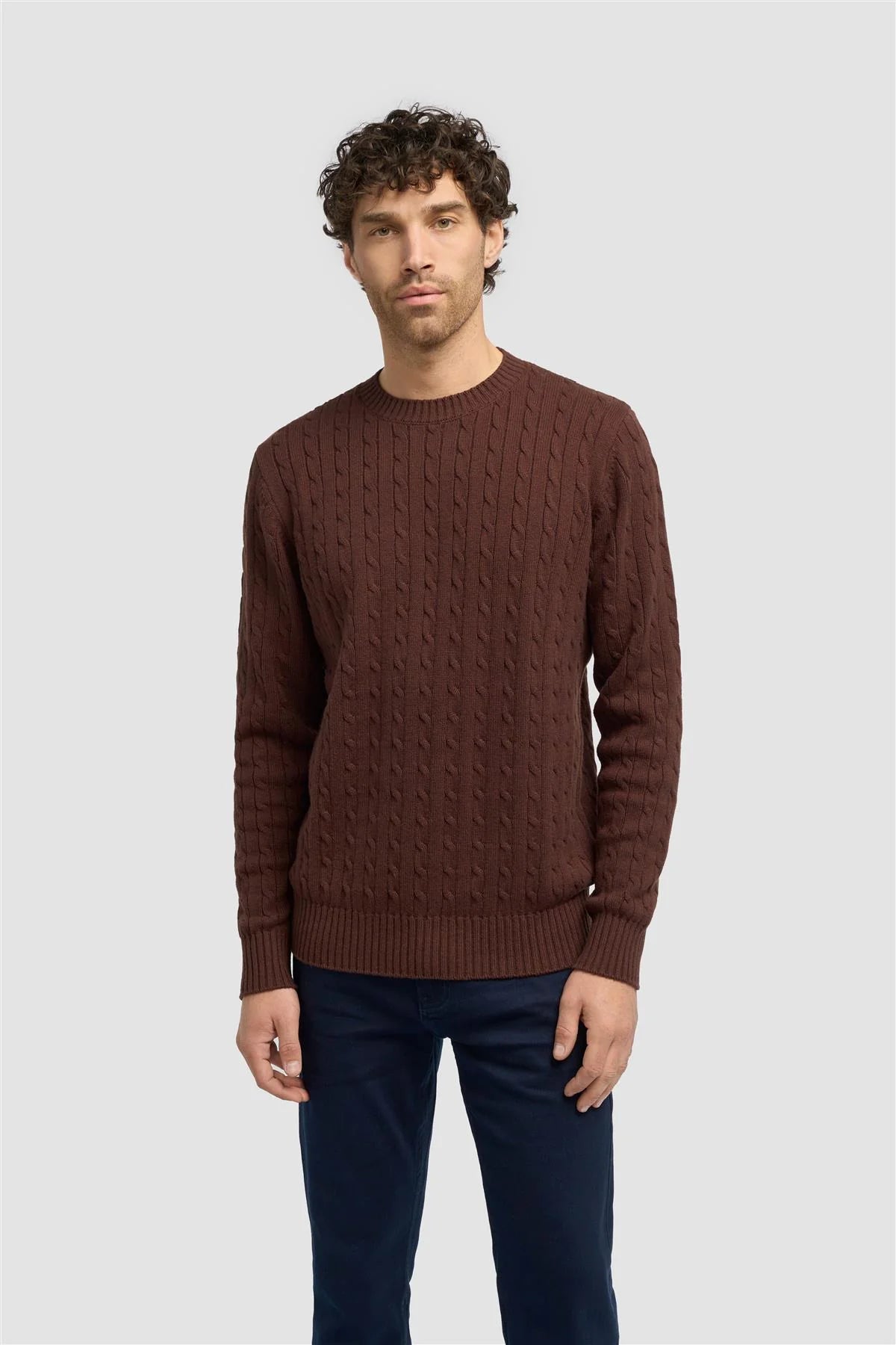 Men’s Wool Cable Knit Pullover Jumper - Foston - Brown Modle Picture