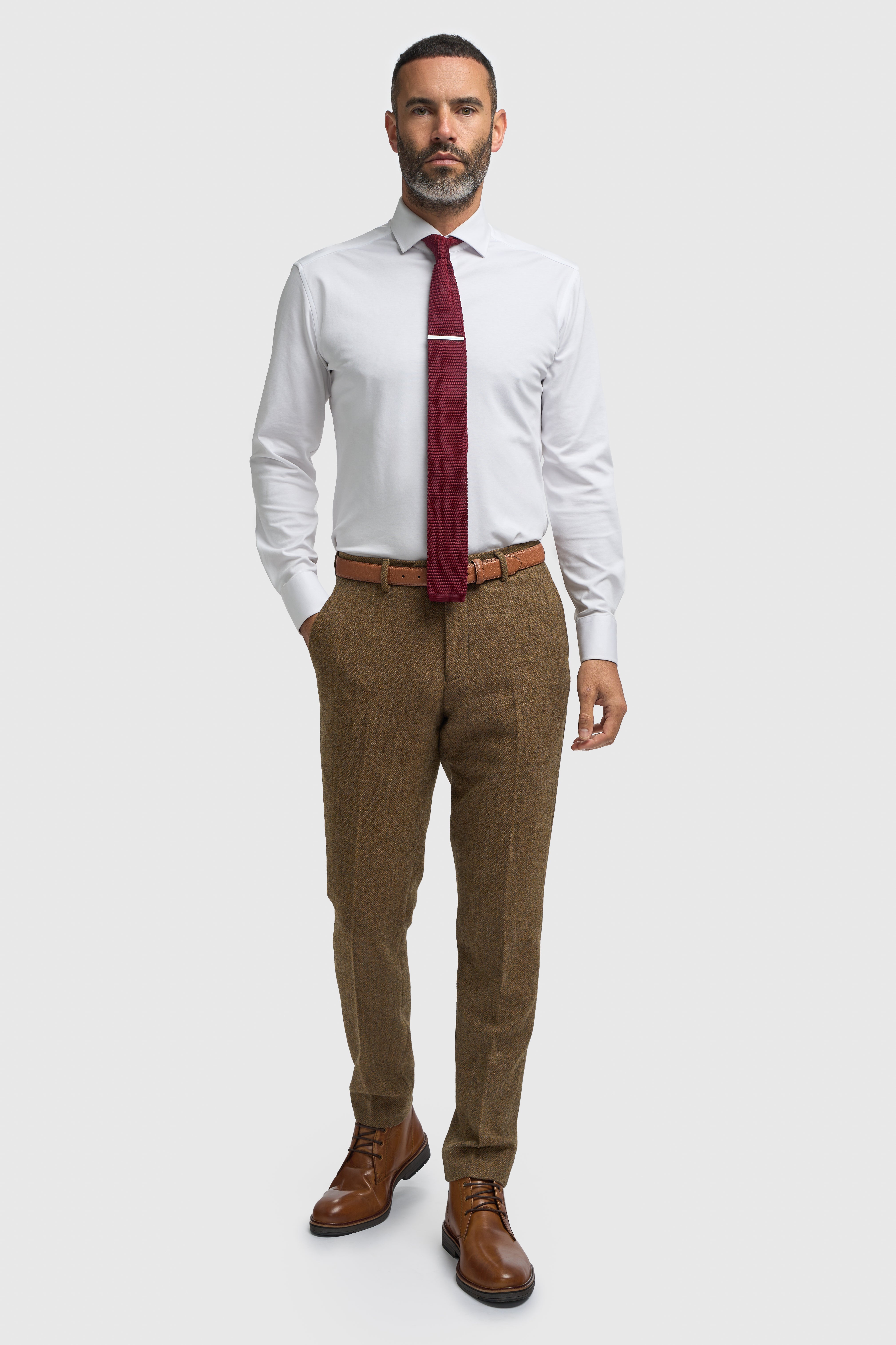 Men’s Wool Herringbone Tweed Trousers - Thomas - Brown Front Picture