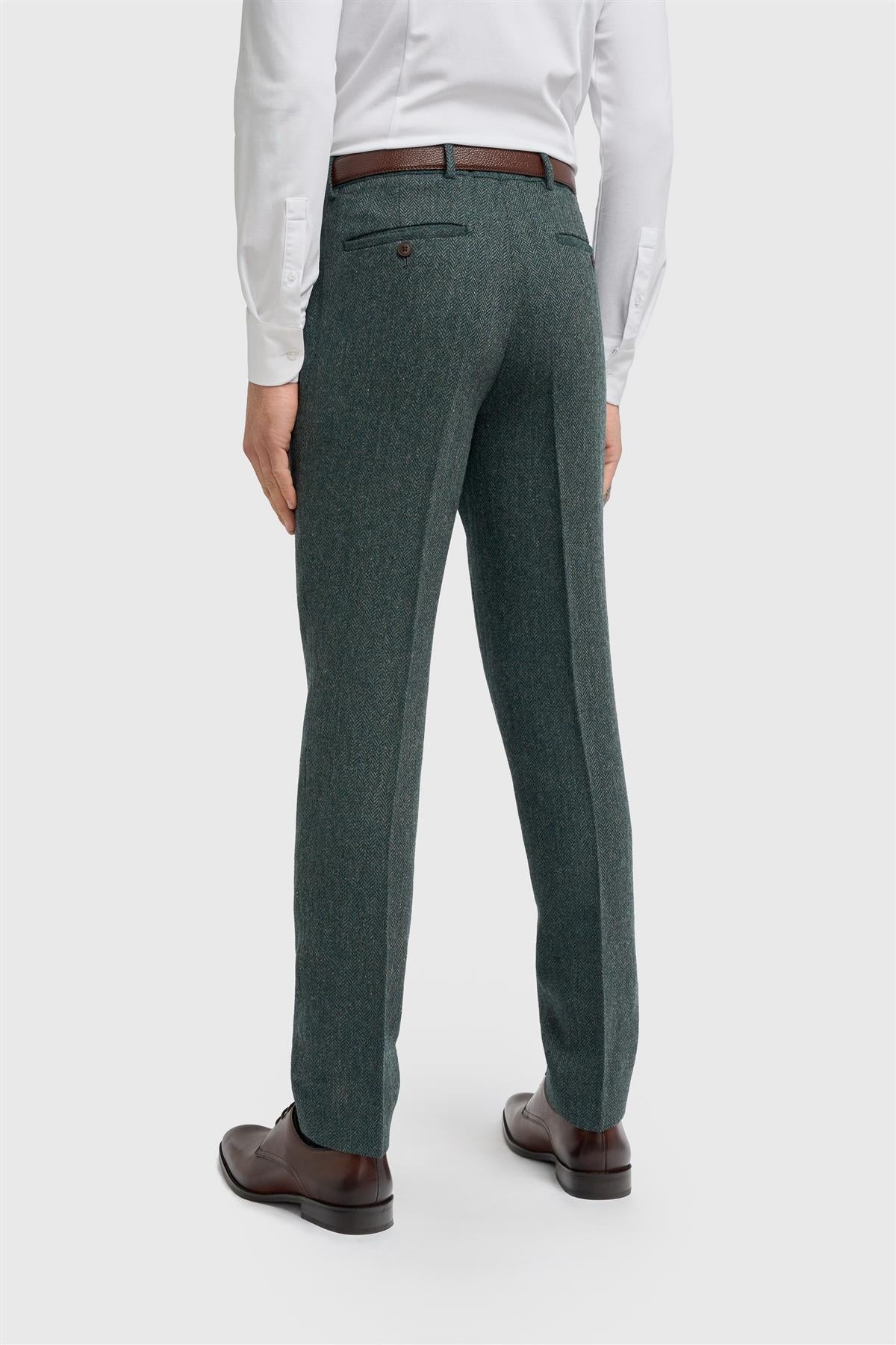 Men’s Wool Herringbone Tweed Trousers - Thomas - Olive Green Back Picture