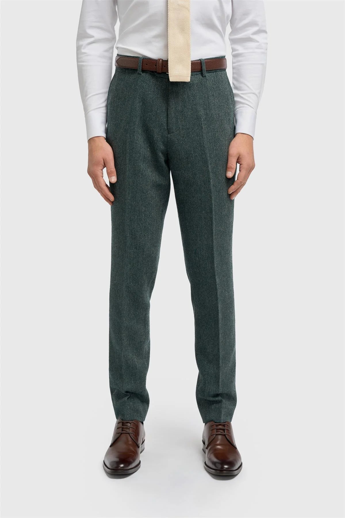 Men’s Wool Herringbone Tweed Trousers - Thomas - Olive Green Front Picture