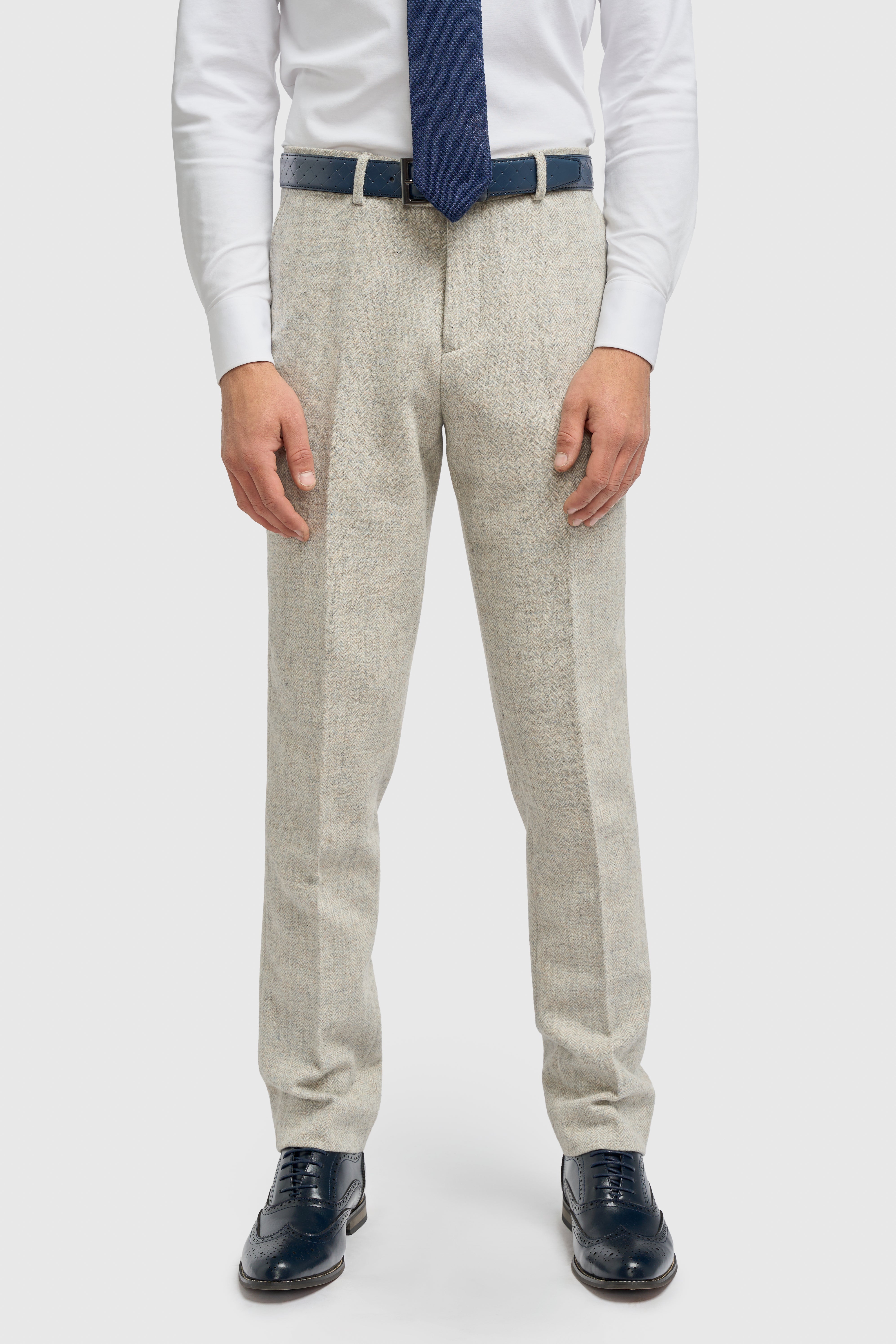 Men’s Wool Herringbone Tweed Trousers - Thomas - Pearl Grey Front Picture