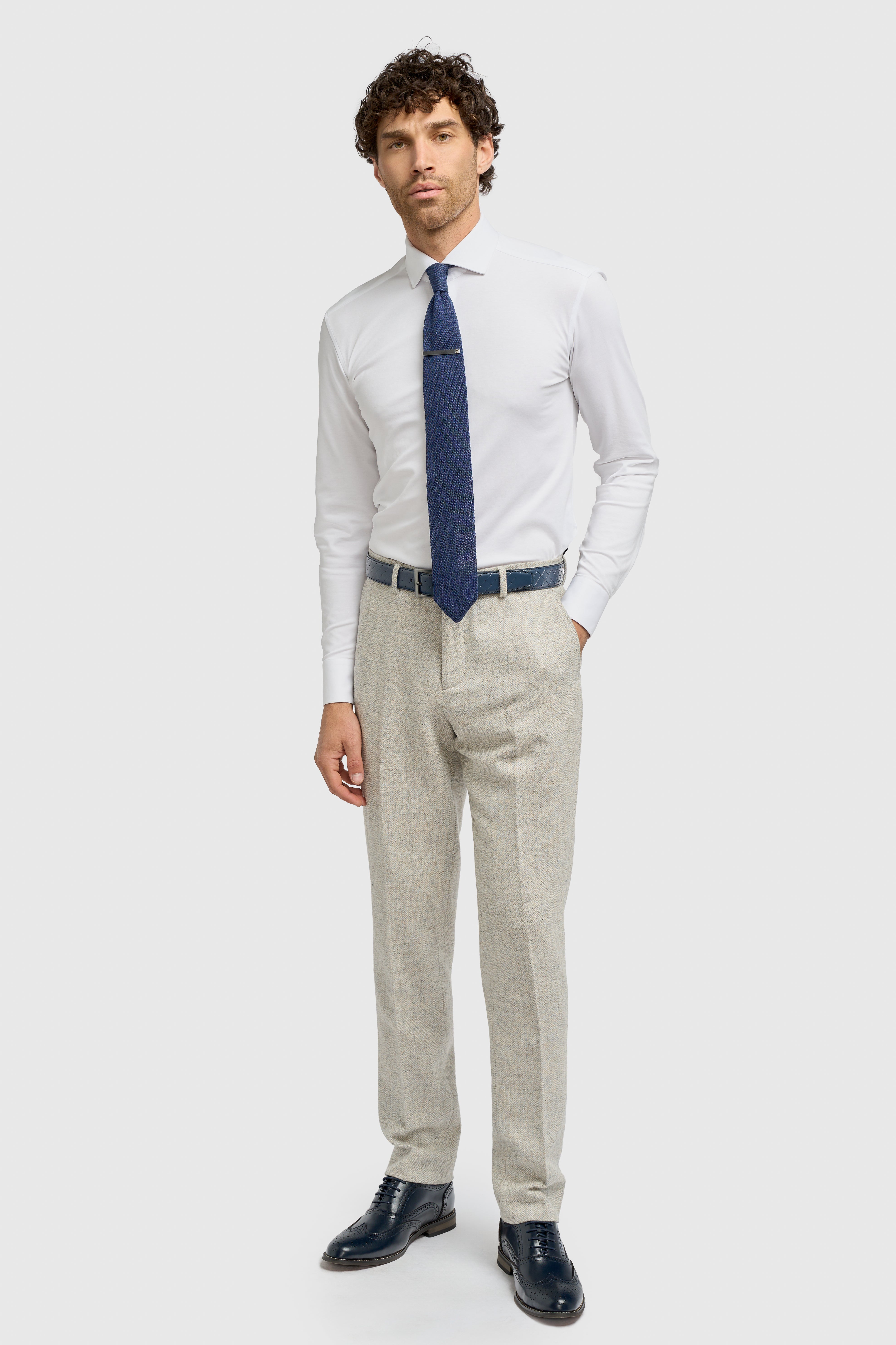 Men’s Wool Herringbone Tweed Trousers - Thomas - Pearl Grey Model Front Picture