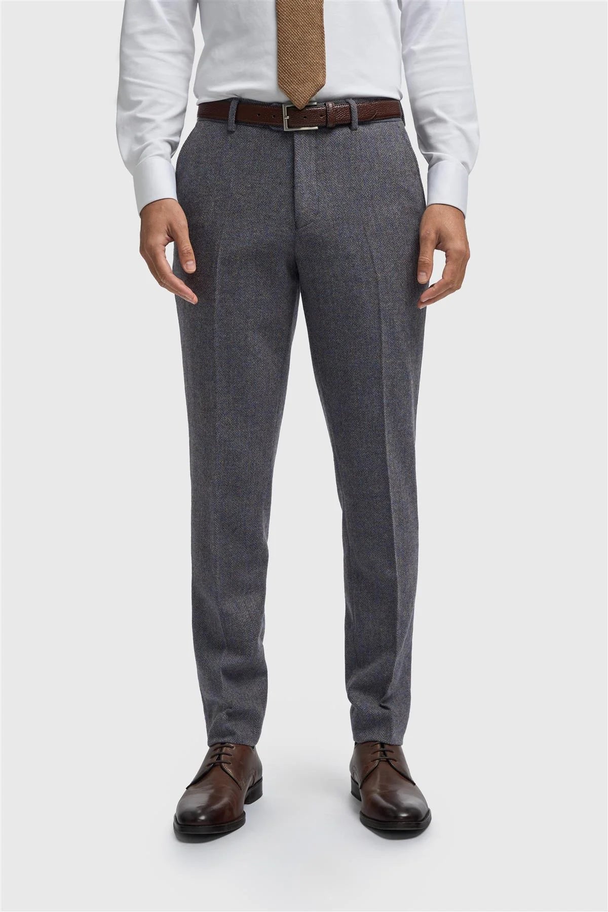 Men’s Wool Herringbone Tweed Trousers - Thomas - Savoy Grey Front Picture