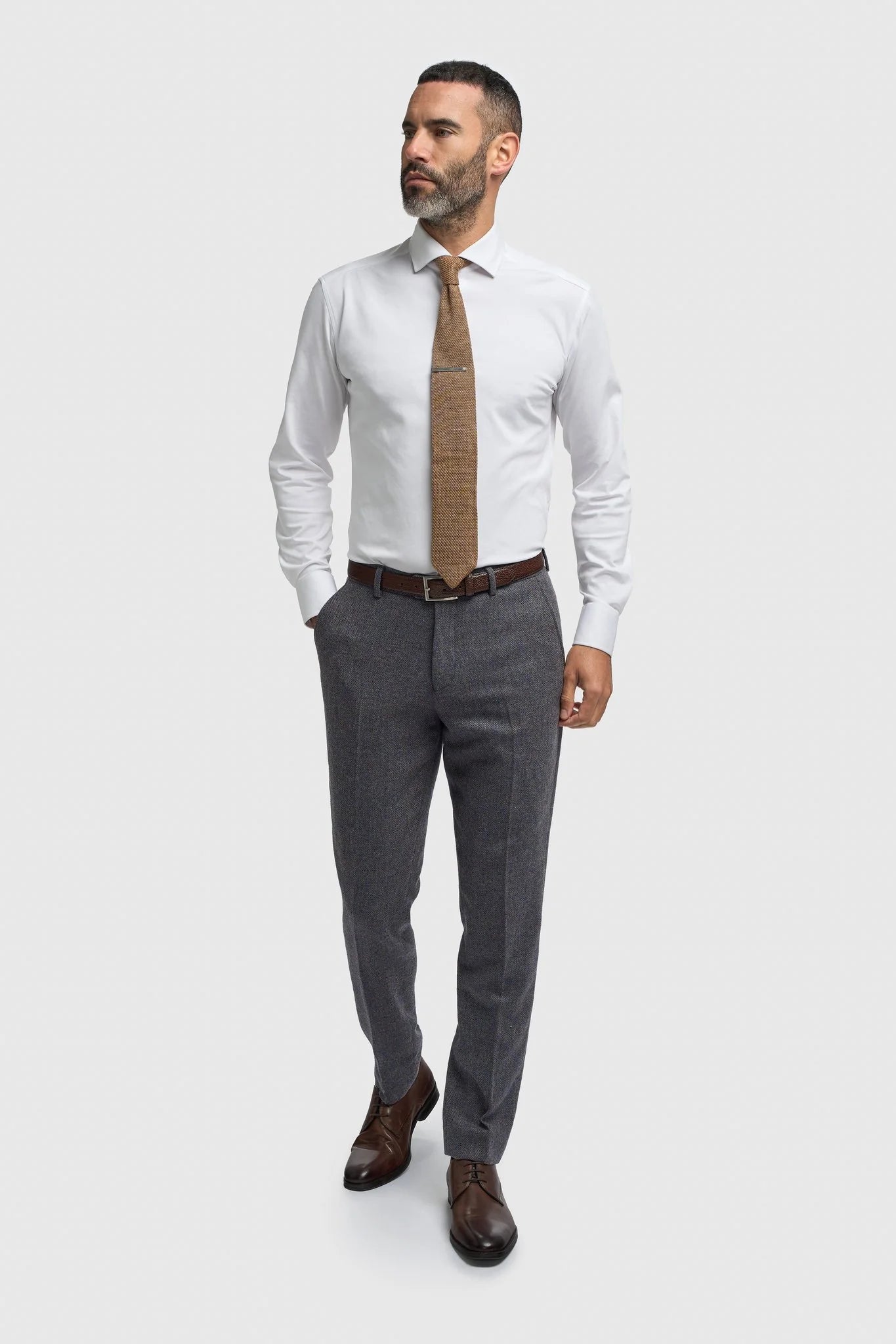 Men’s Wool Herringbone Tweed Trousers - Thomas - Savoy Grey Model Picture