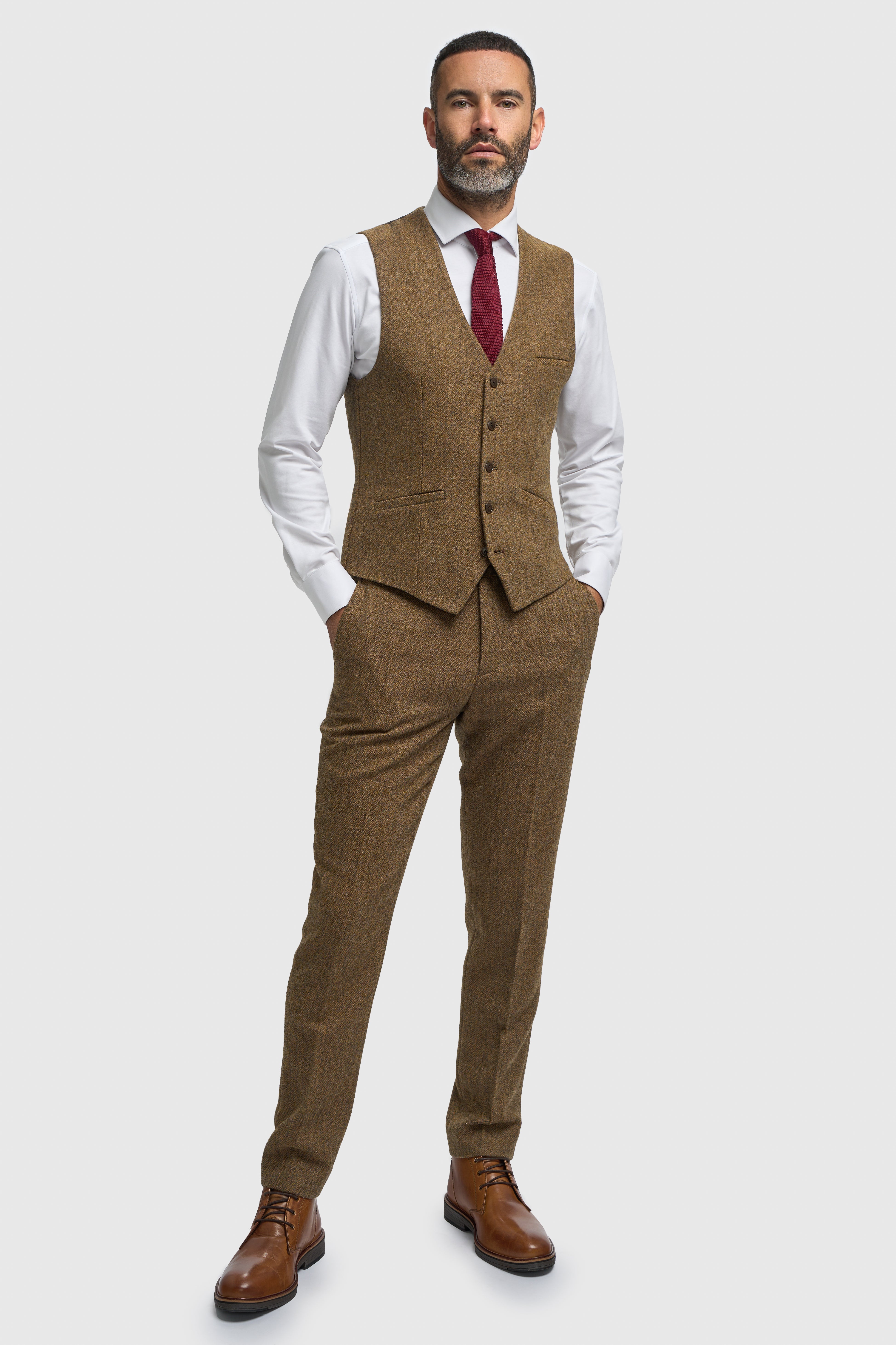 Men’s Wool Herringbone Tweed Waistcoat - Thomas - Brown Front Picture