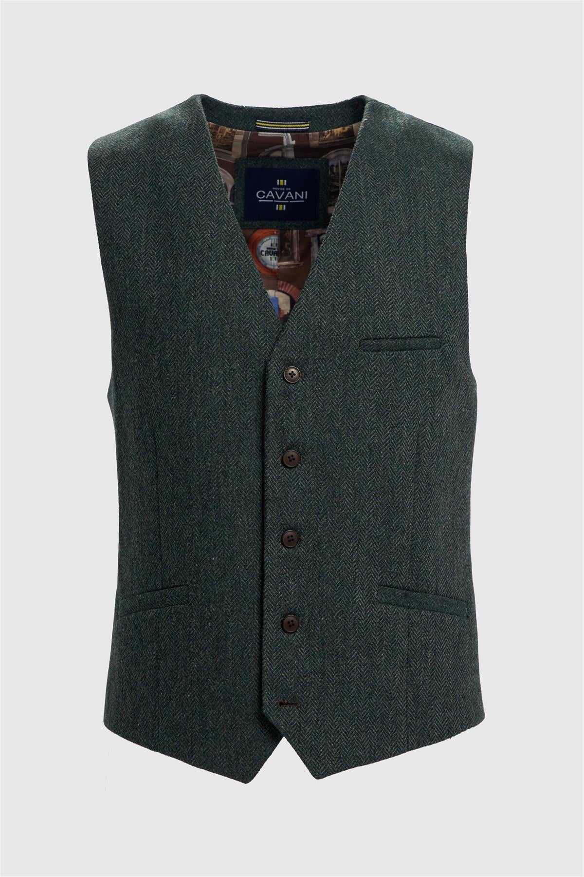 Men’s Wool Herringbone Tweed Waistcoat - Thomas - Olive Green