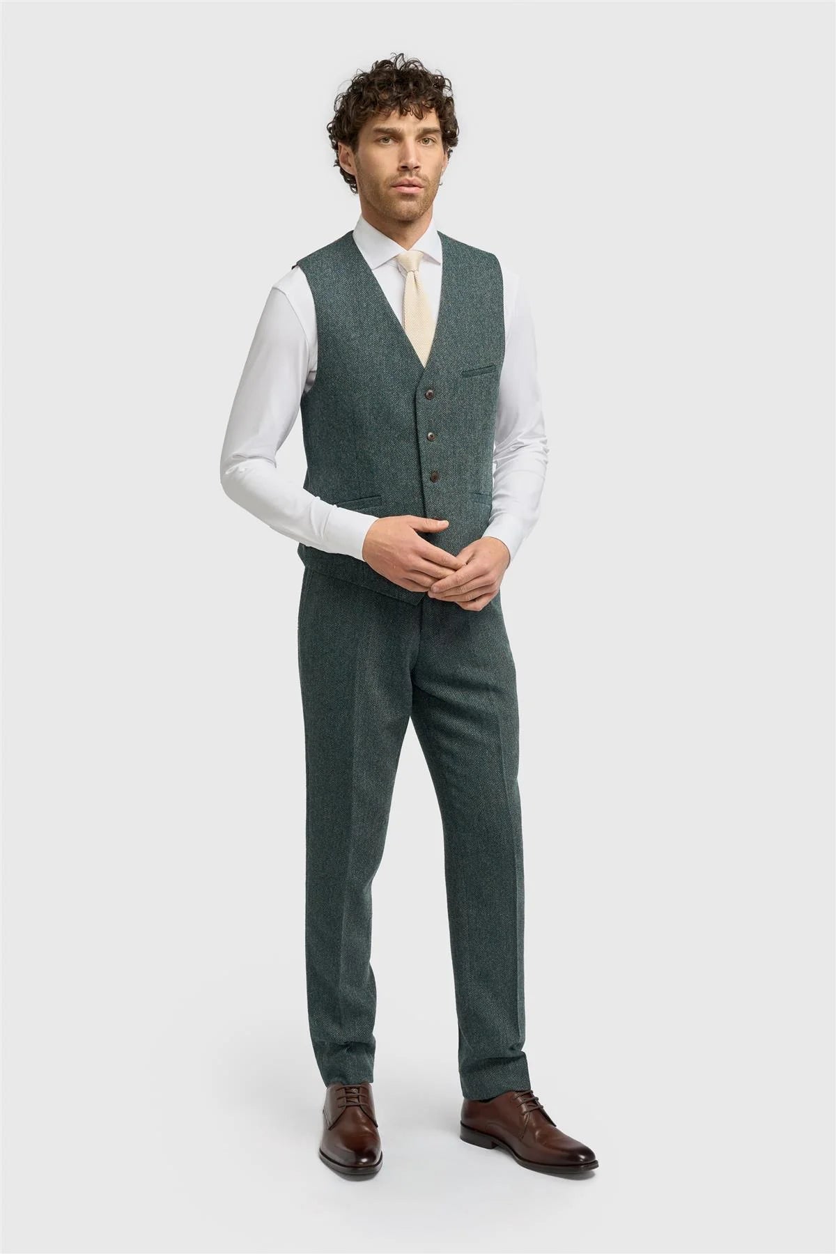 Men’s Wool Herringbone Tweed Waistcoat - Thomas - Olive Green Model Picture