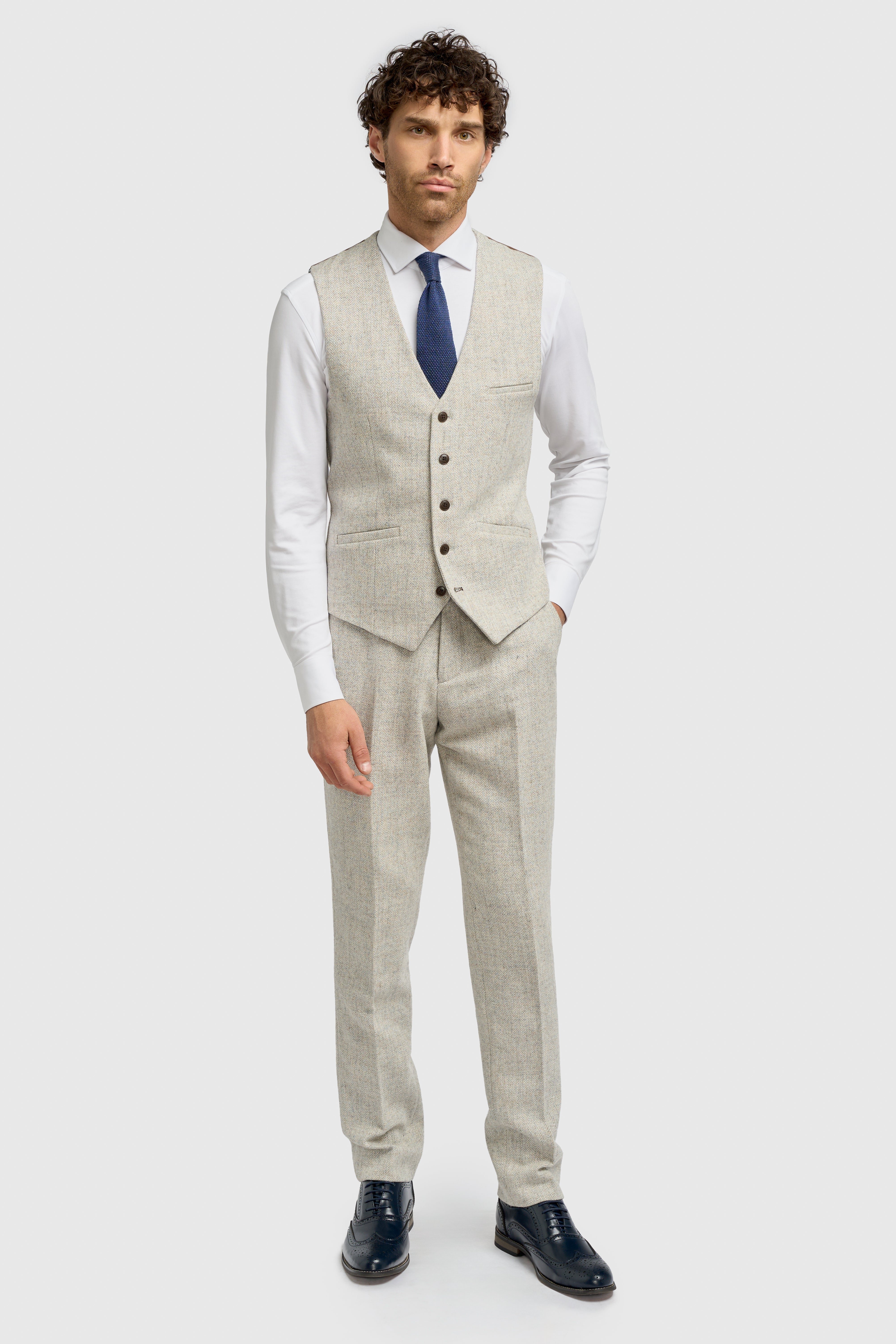 Men’s Wool Herringbone Tweed Waistcoat - Thomas - Pearl Grey Model Picture