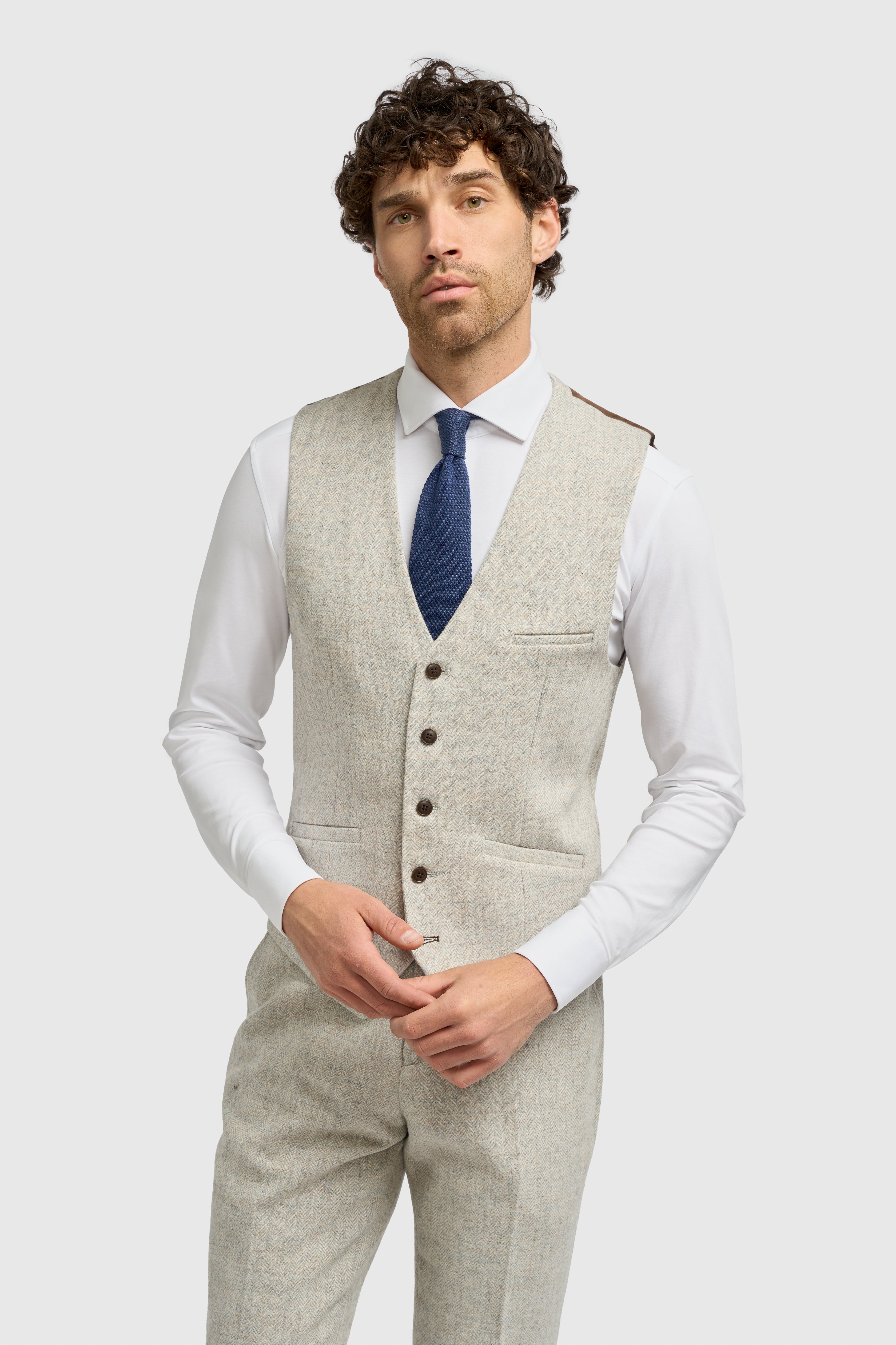 Men’s Wool Herringbone Tweed Waistcoat - Thomas - Pearl Grey Front Pciture