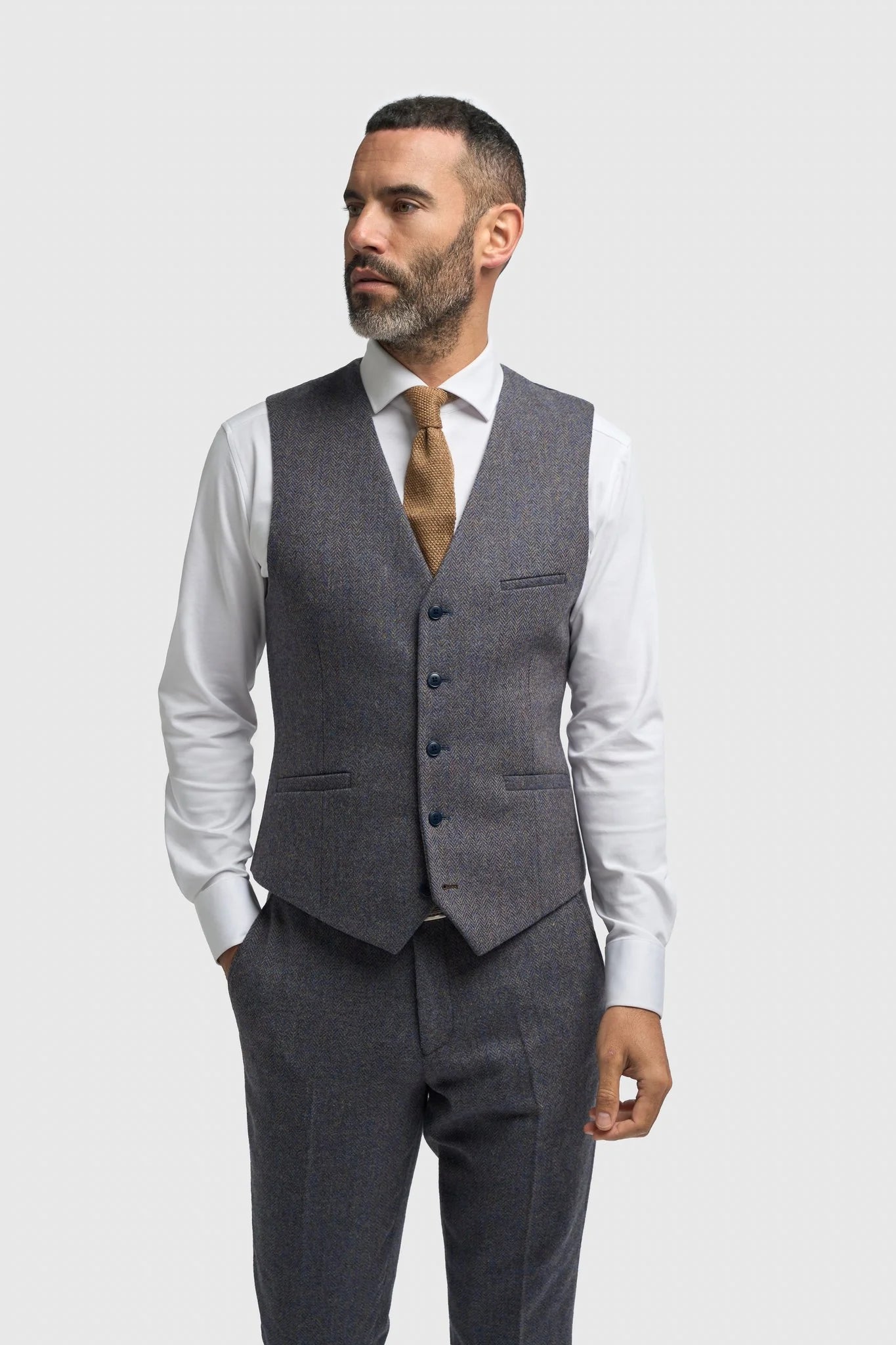 Men’s Wool Herringbone Tweed Waistcoat - Thomas - Savoy Grey Modle Picture