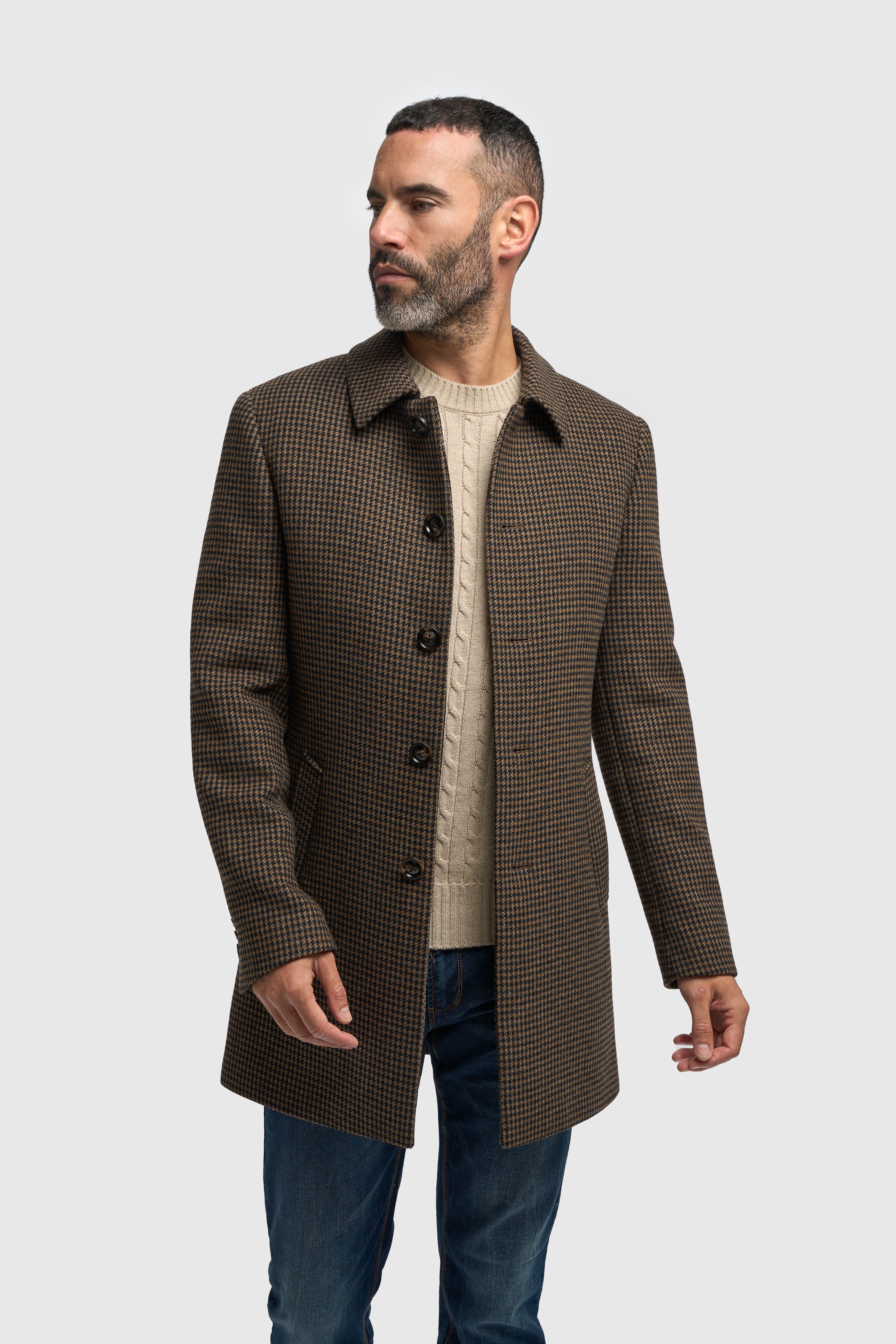 Men’s Wool Houndstooth Check Overcoat - Pearson - Brown Modle Picture