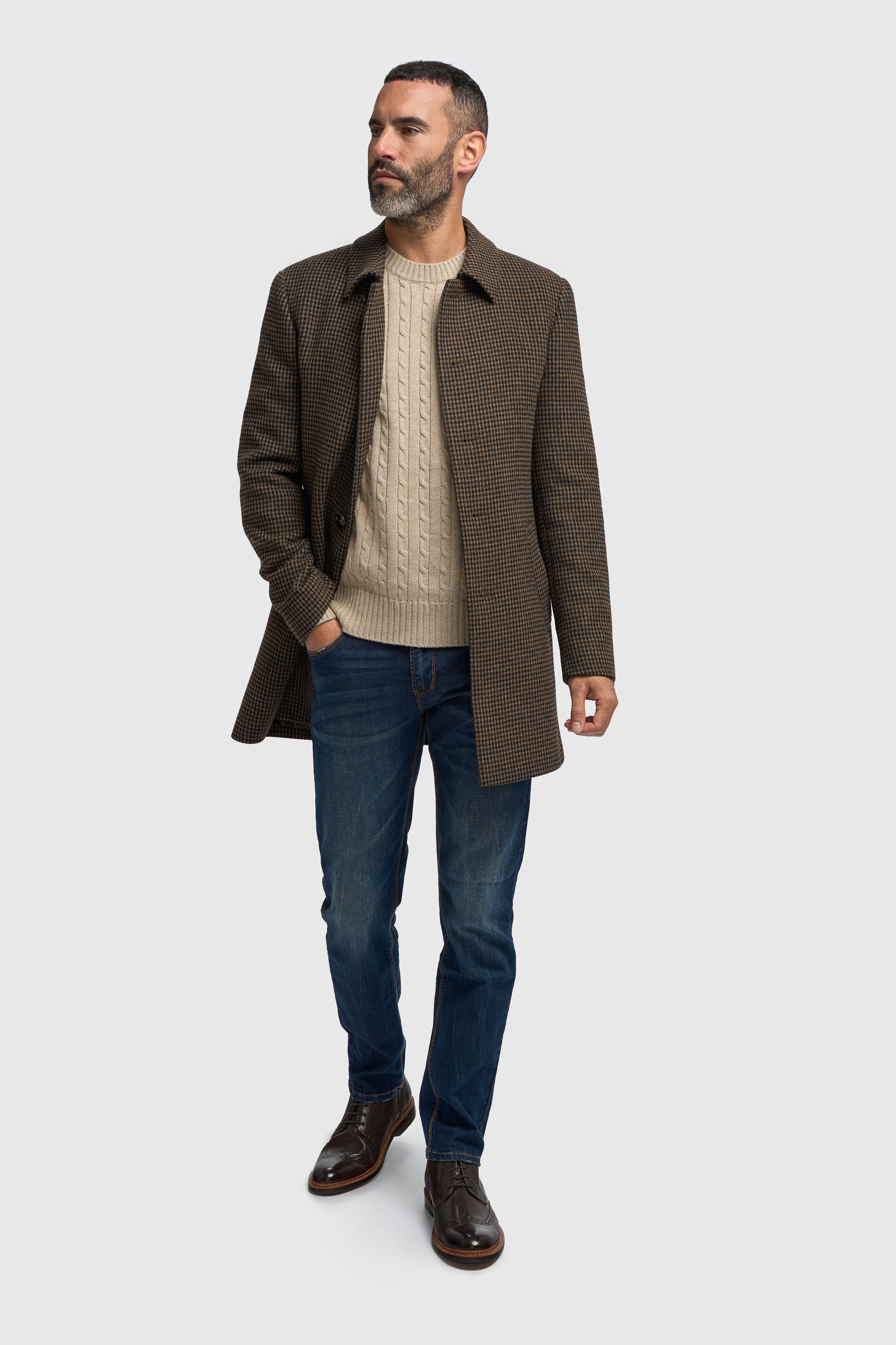 Men’s Wool Houndstooth Check Overcoat - Pearson - Brown Front Picture