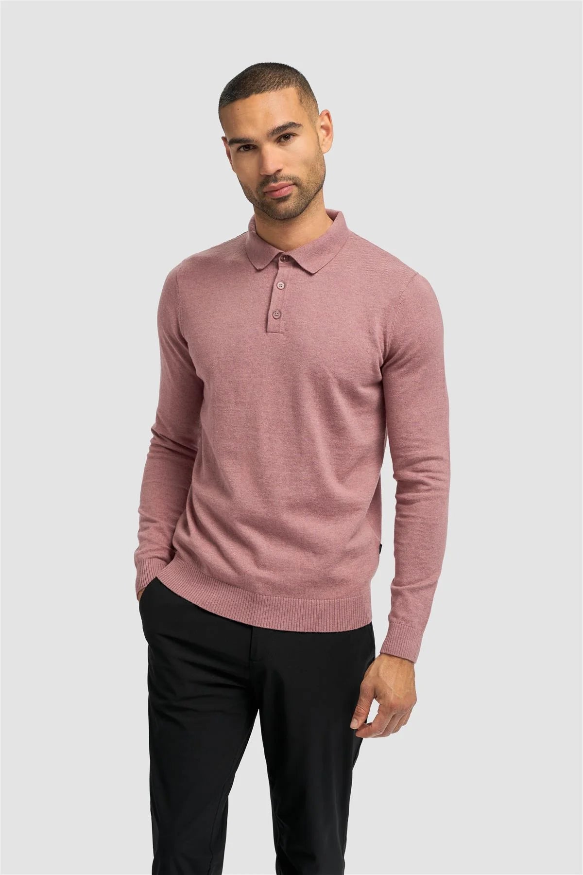 Men’s Wool Knit Long Sleeve Polo Shirt - Boom - Mauve Model Picture