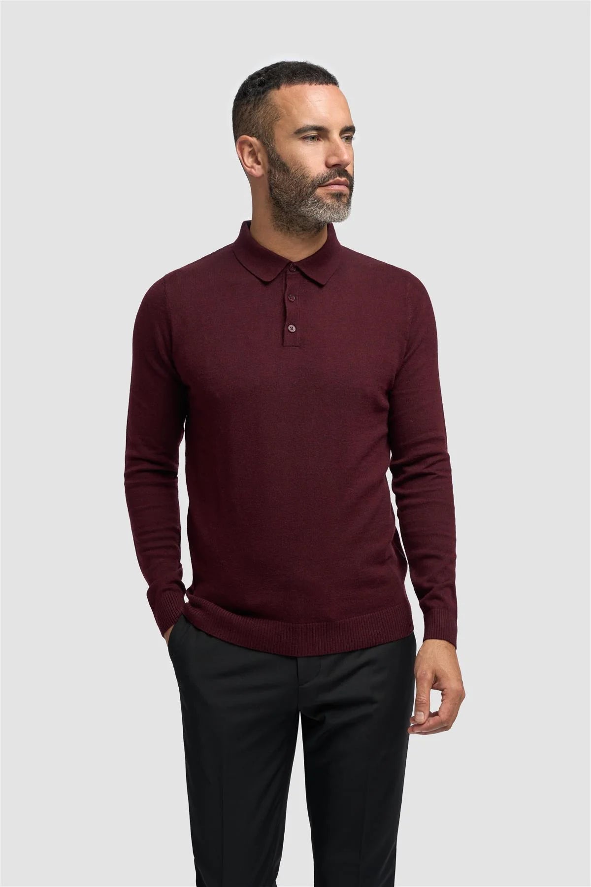 Men’s Wool Knit Long Sleeve Polo Shirt - Boom - Wine Model Picture