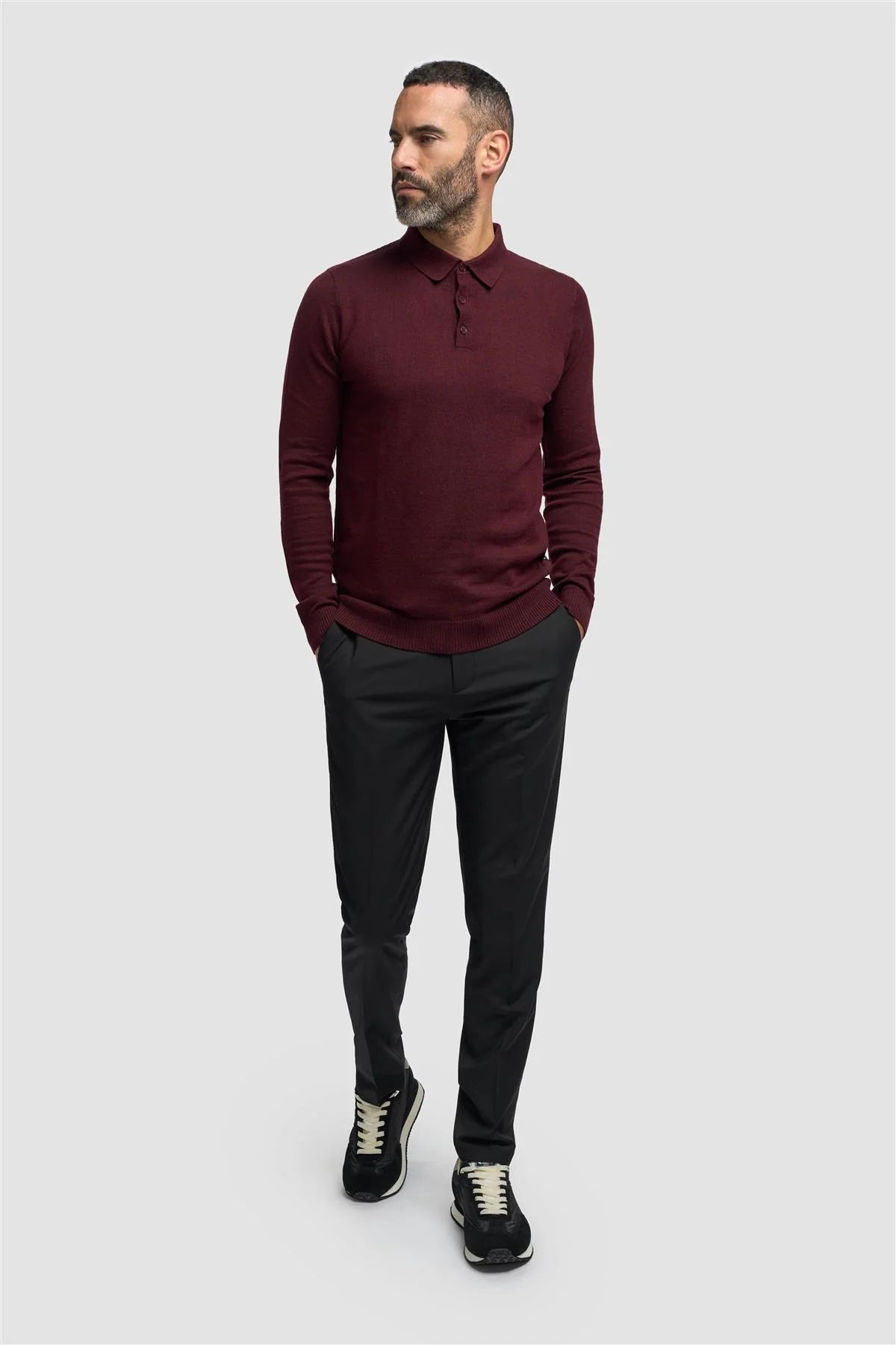 Men’s Wool Knit Long Sleeve Polo Shirt - Boom - Wine Model Front Picture