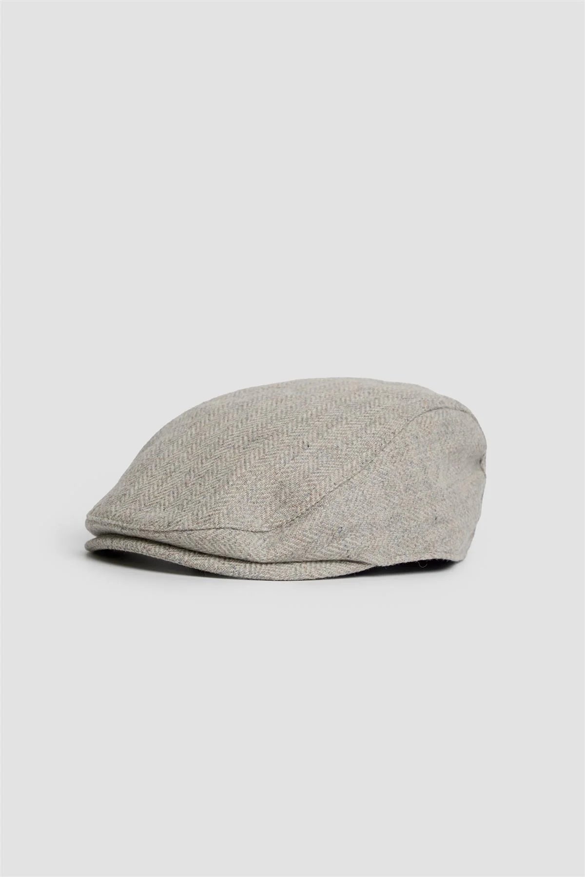 Casquette plate en tweed de laine à chevrons pour homme - Thomas - Gris Pearl