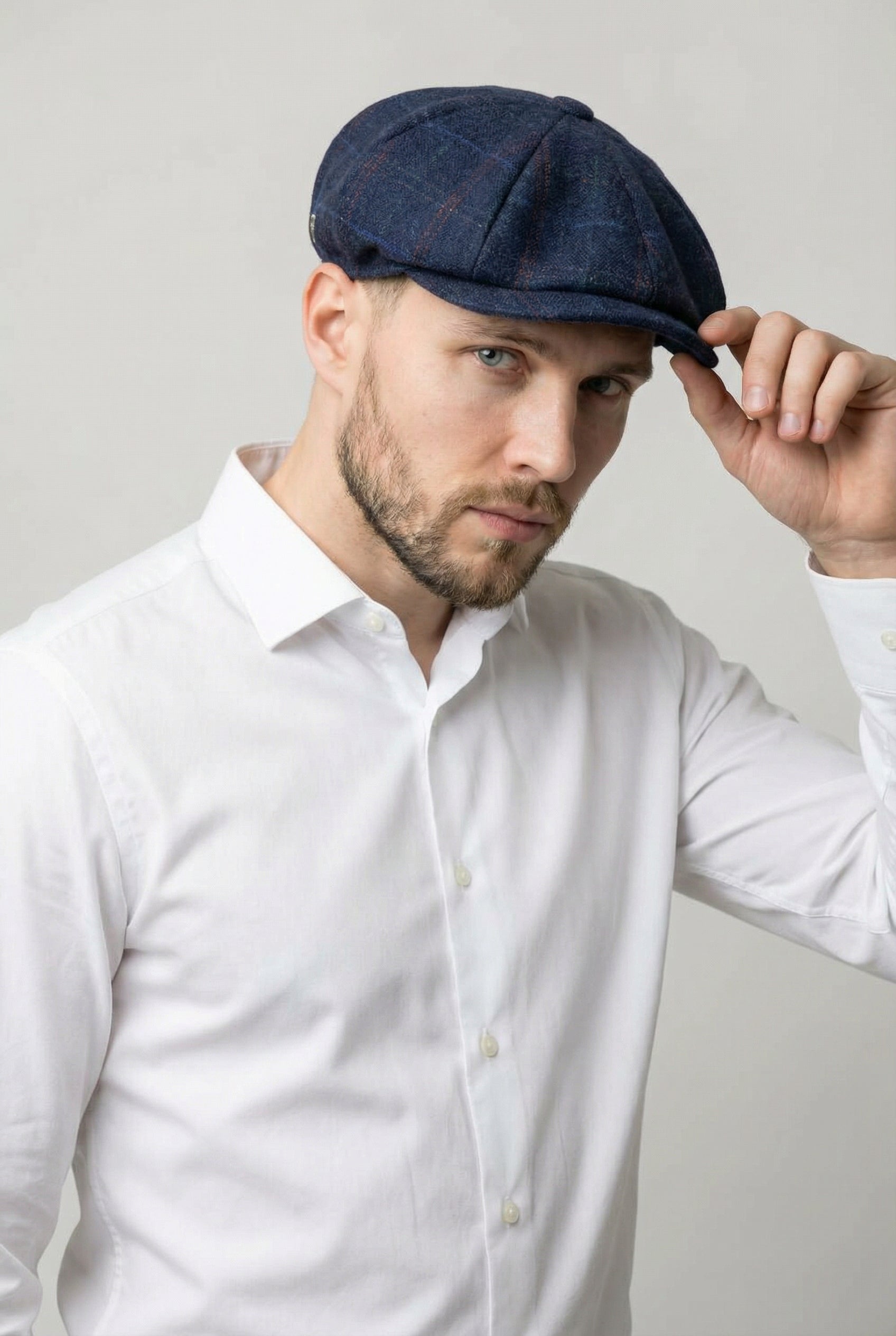 Men’s Wool Tweed Windowpane Check Flat Cap - Ryan - Navy Model Picture