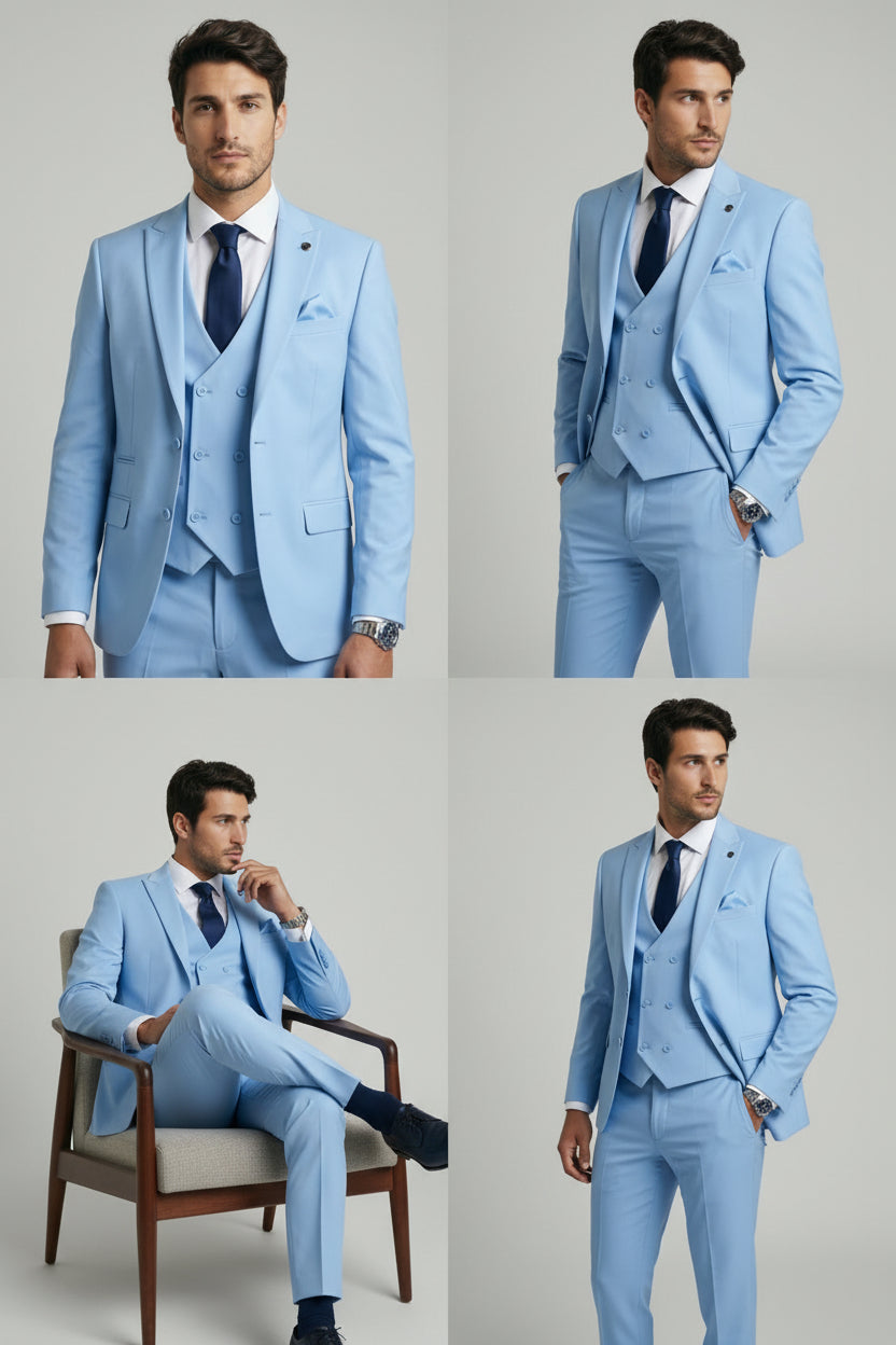 Men’s 3-Piece Formal Suit with Double Breasted Waistcoat - Karter - Pale Blue