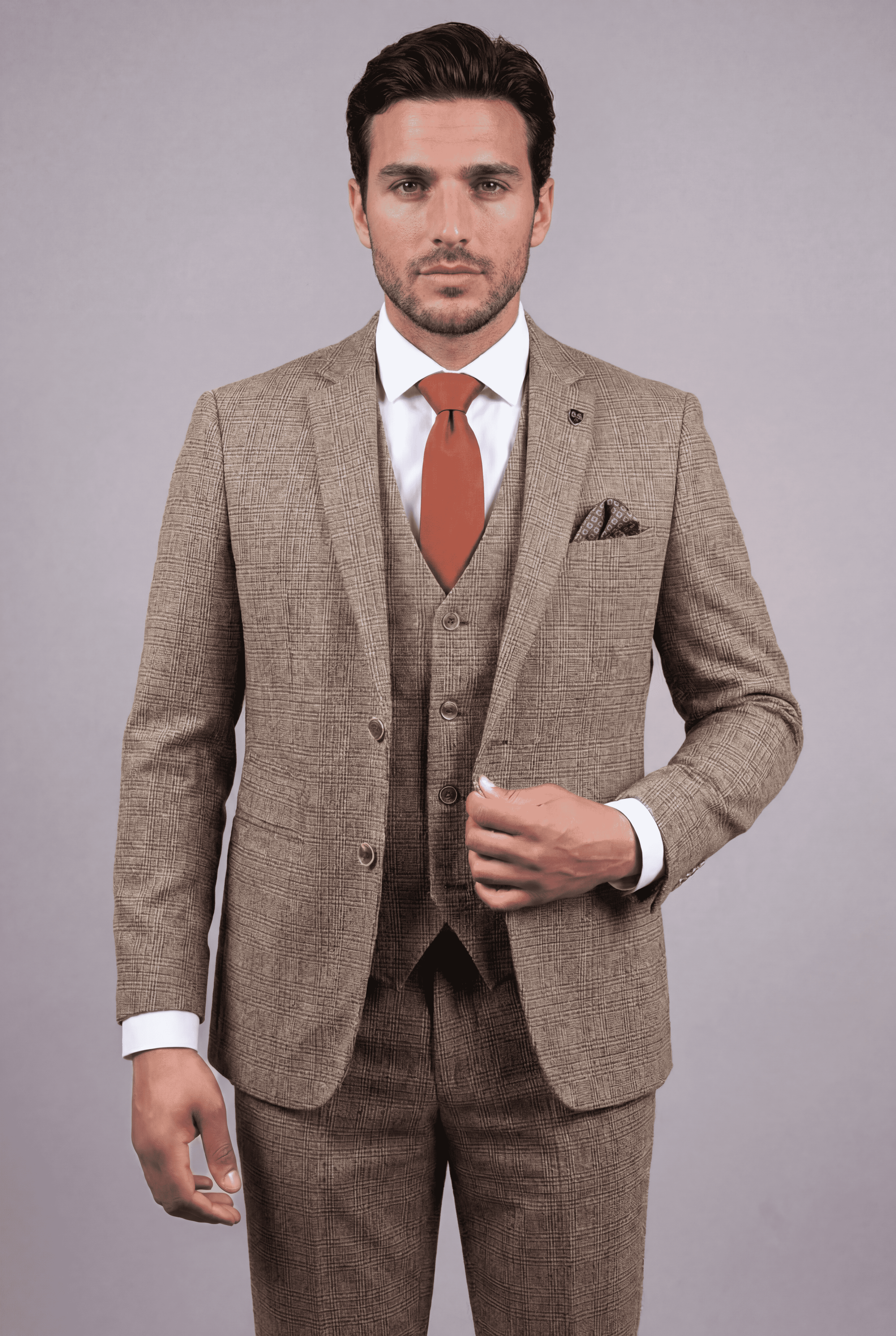 Abito da uomo a 3 pezzi con motivo Glen Check - Parker - Marrone Tan