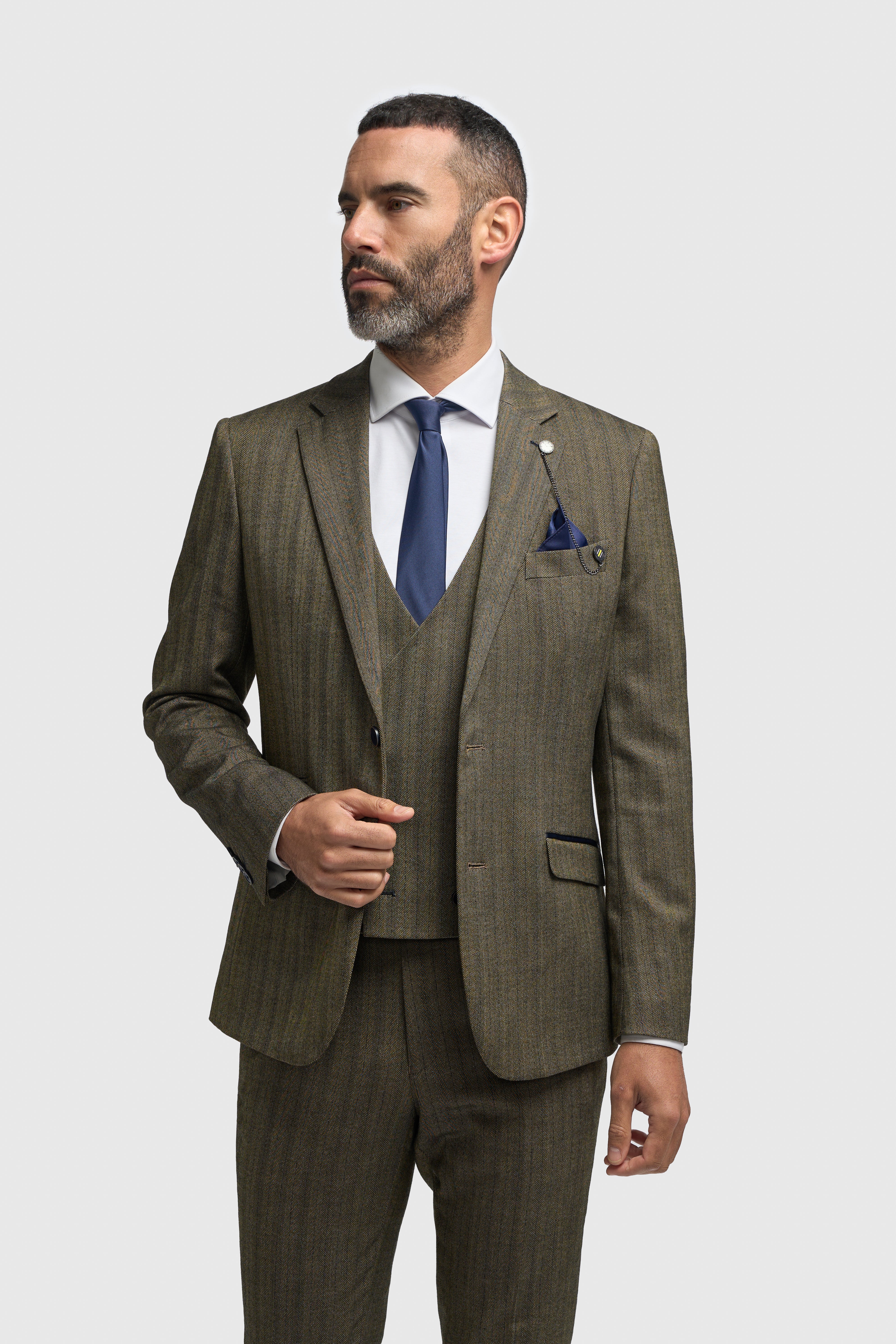 Men’s 3-Piece Herringbone Suit with Double Breasted Waistcoat - Damon - Sage Green